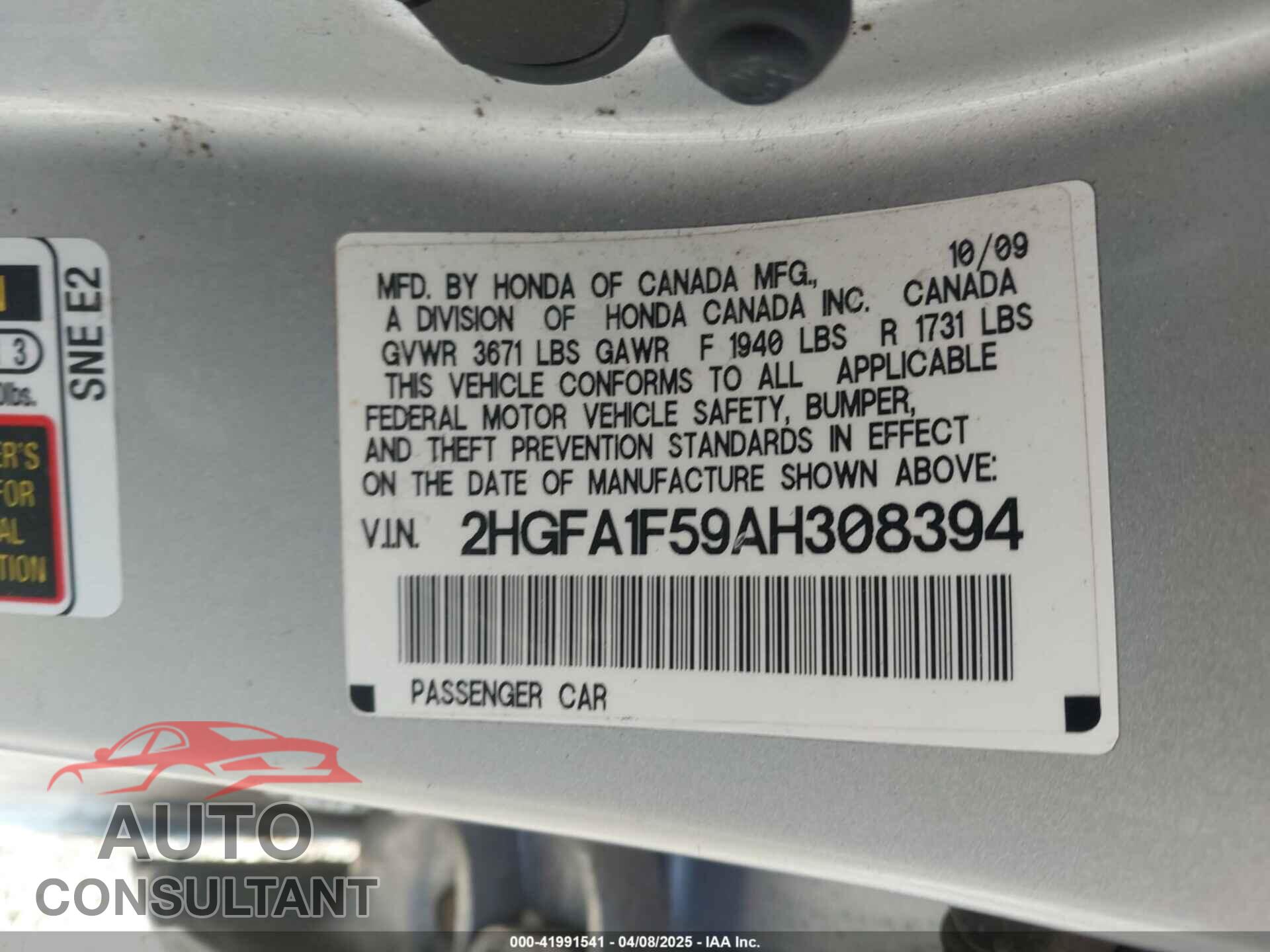 HONDA CIVIC 2010 - 2HGFA1F59AH308394
