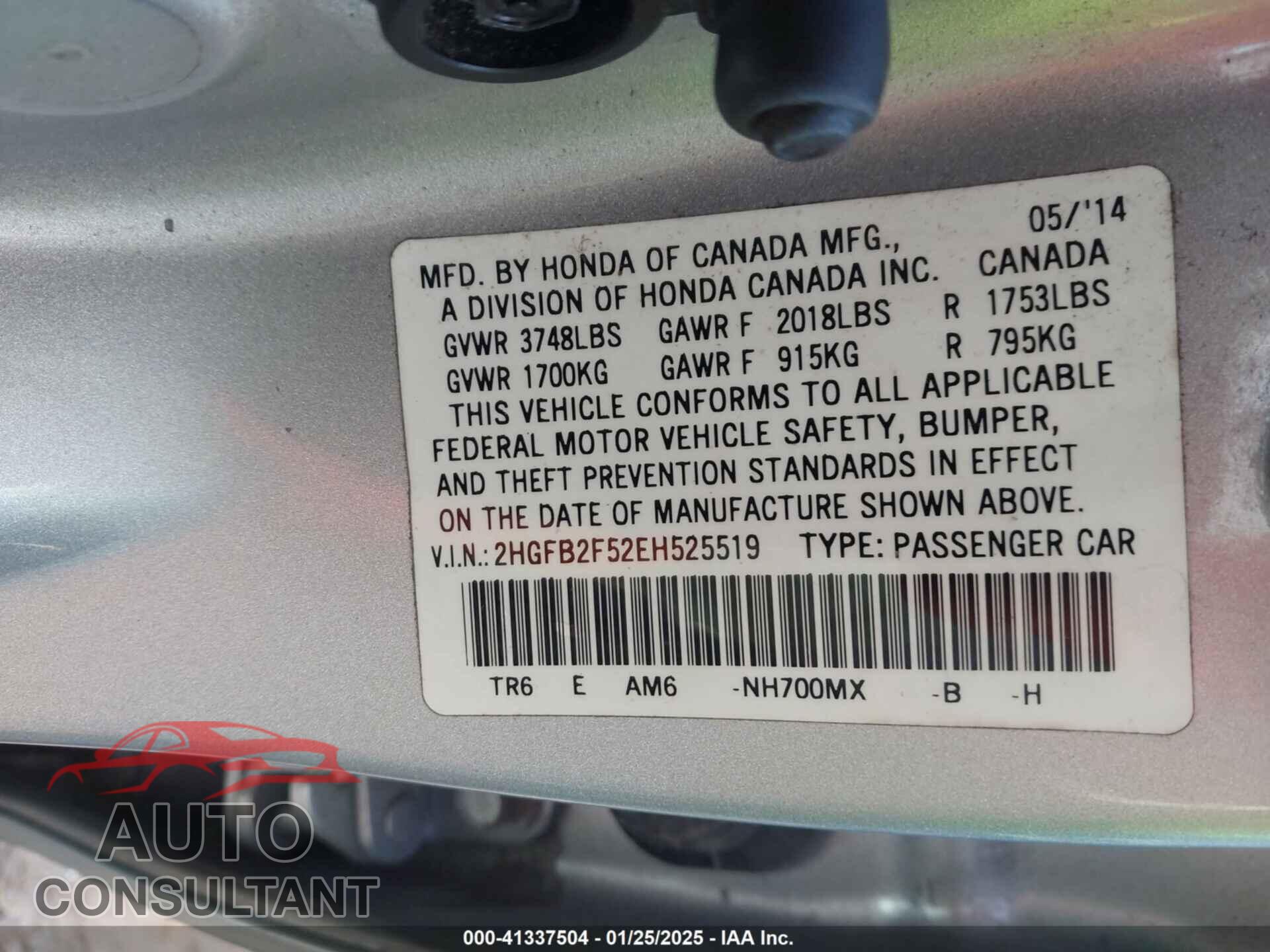 HONDA CIVIC 2014 - 2HGFB2F52EH525519