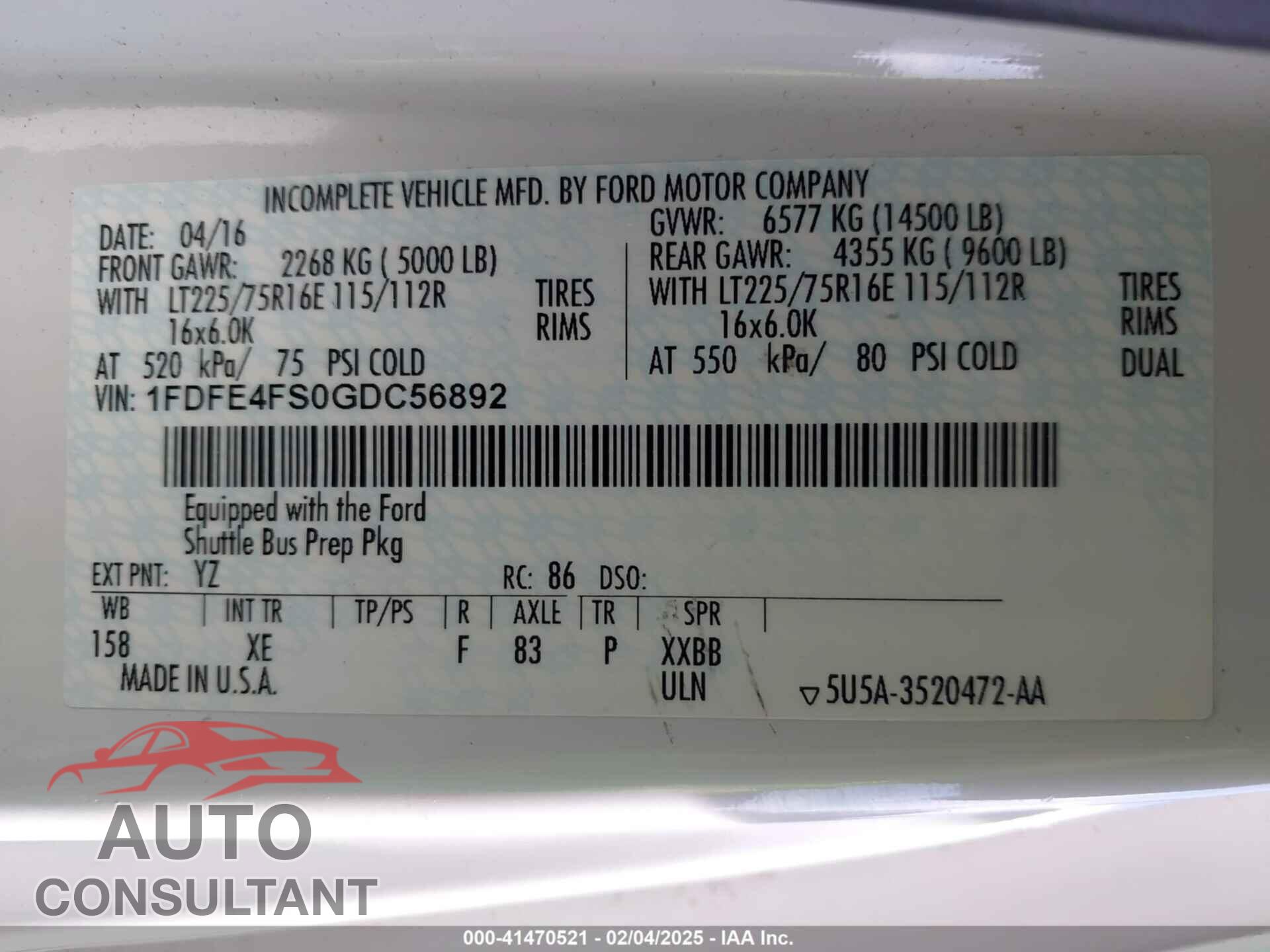 FORD E-450 CUTAWAY 2016 - 1FDFE4FS0GDC56892