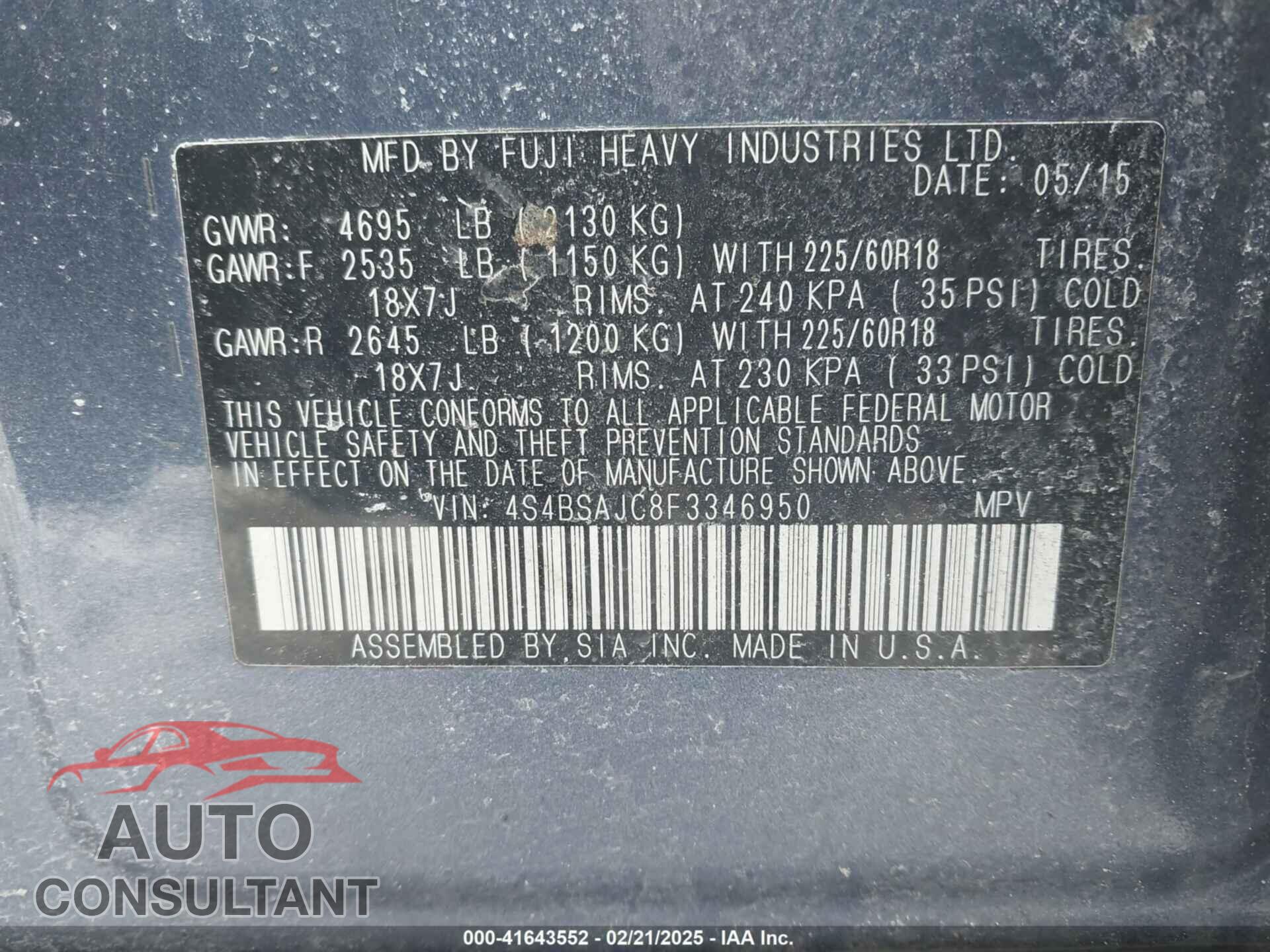 SUBARU OUTBACK 2015 - 4S4BSAJC8F3346950