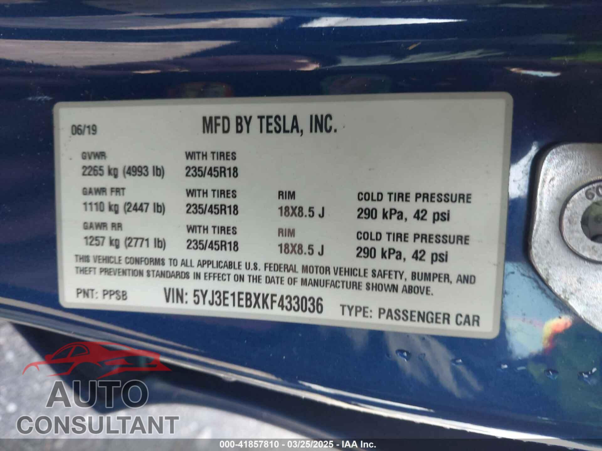 TESLA MODEL 3 2019 - 5YJ3E1EBXKF433036