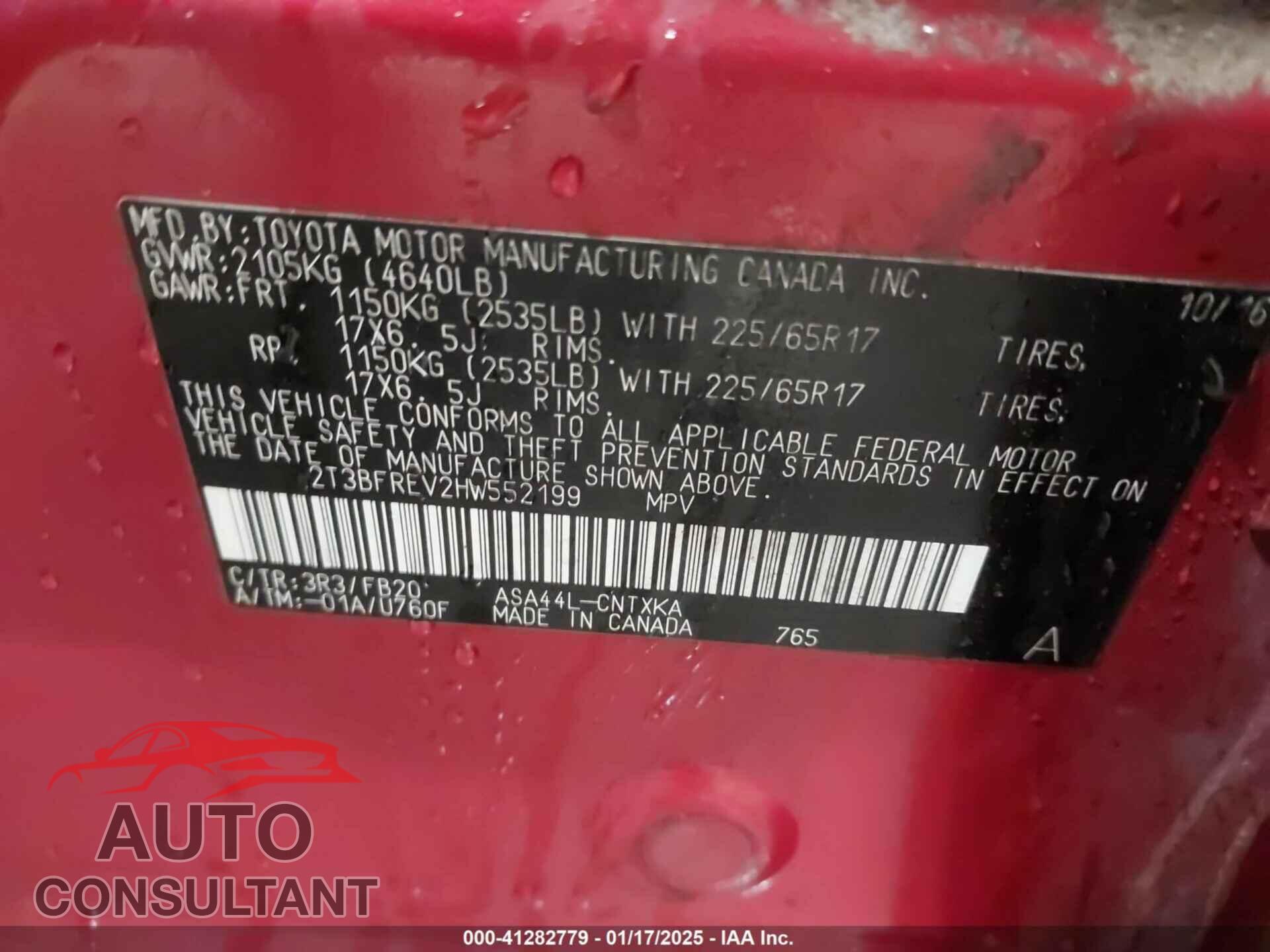 TOYOTA RAV4 2017 - 2T3BFREV2HW552199