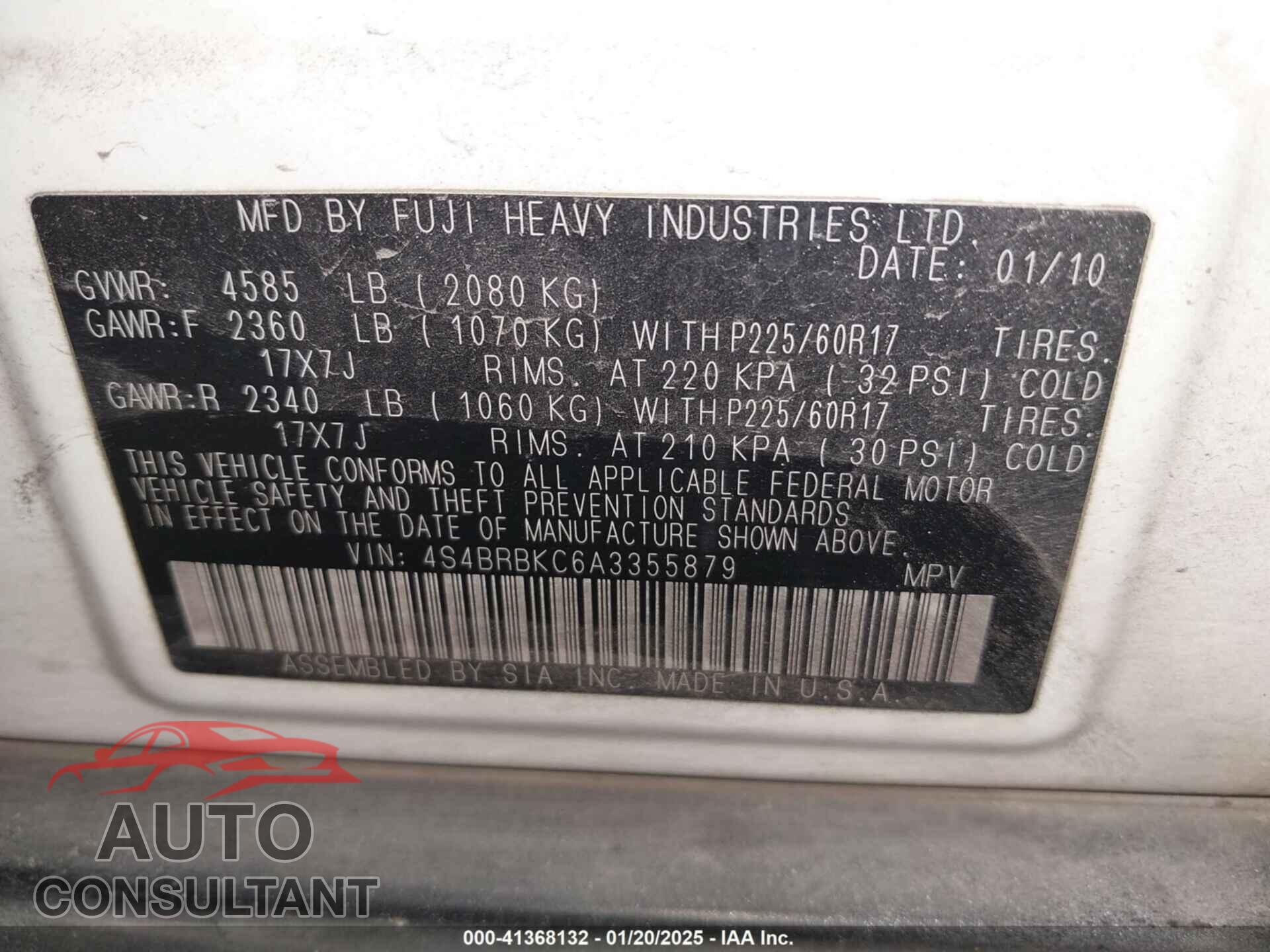 SUBARU OUTBACK 2010 - 4S4BRBKC6A3355879