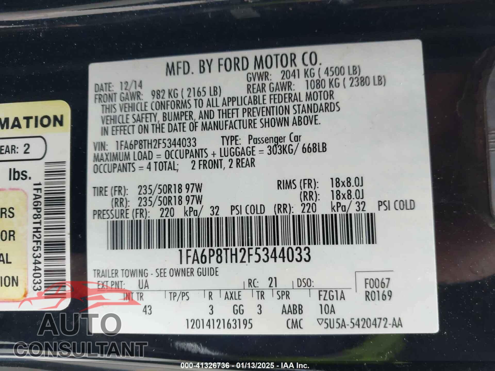 FORD MUSTANG 2015 - 1FA6P8TH2F5344033