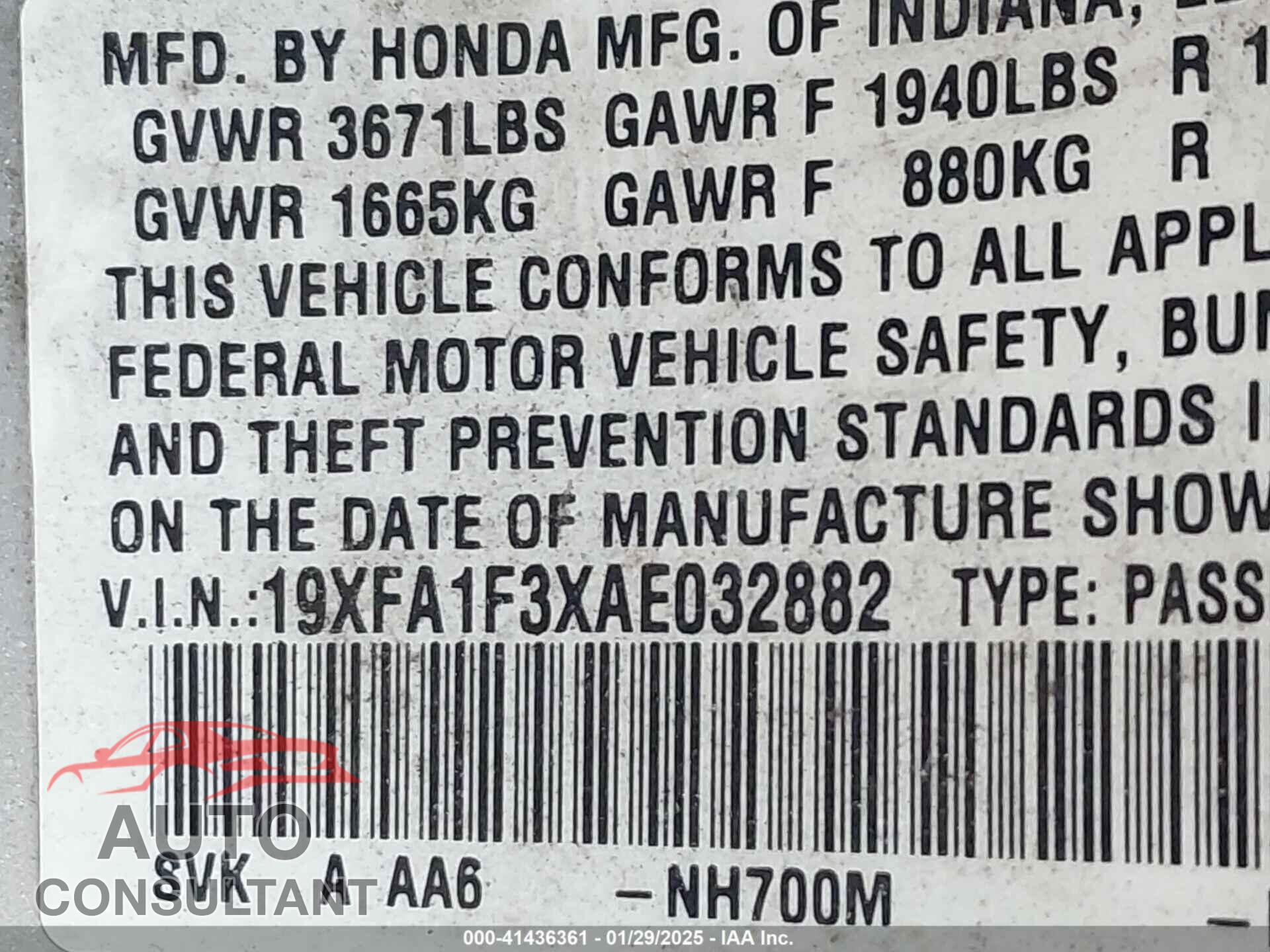 HONDA CIVIC 2010 - 19XFA1F3XAE032882