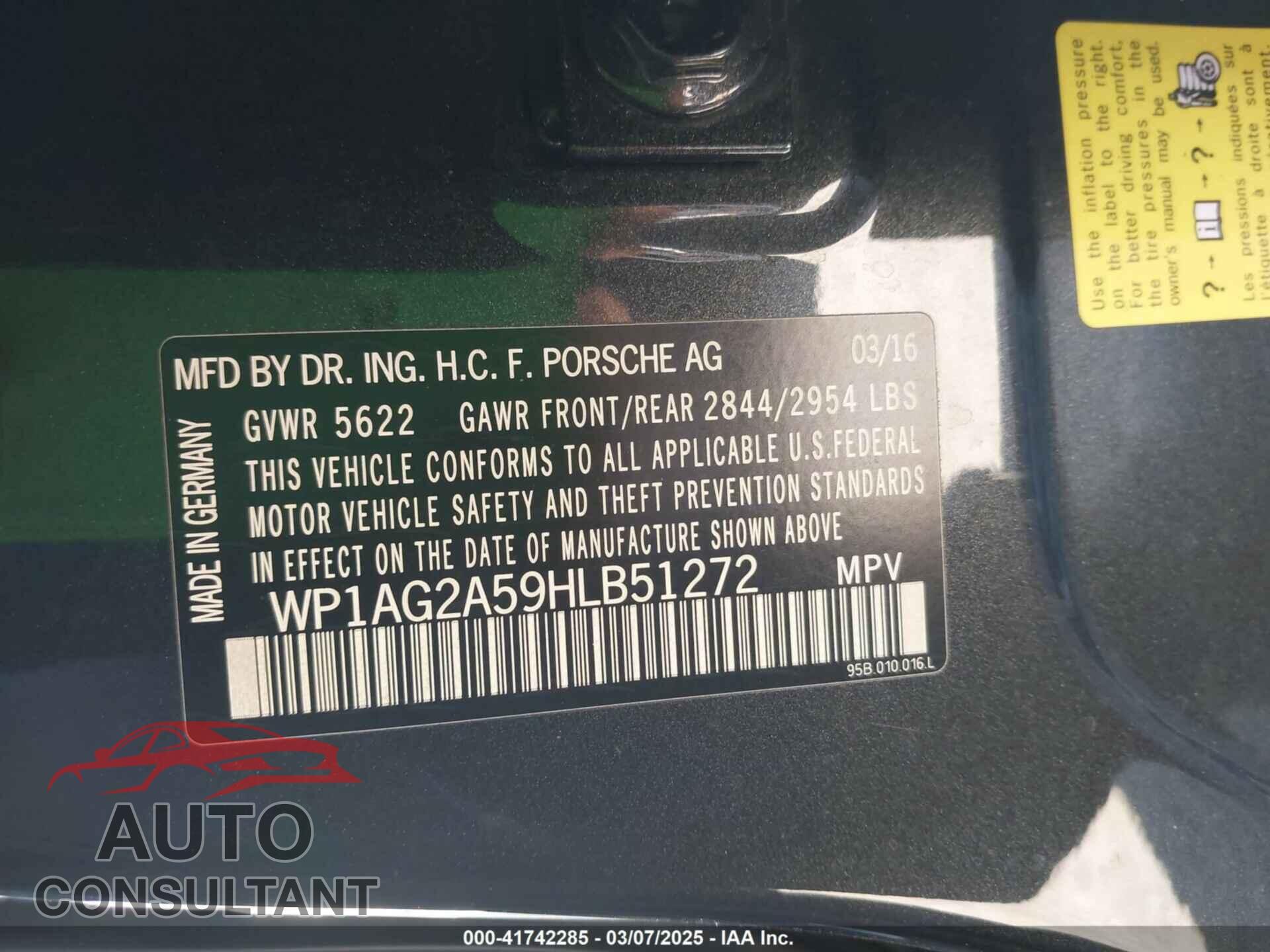 PORSCHE MACAN 2017 - WP1AG2A59HLB51272