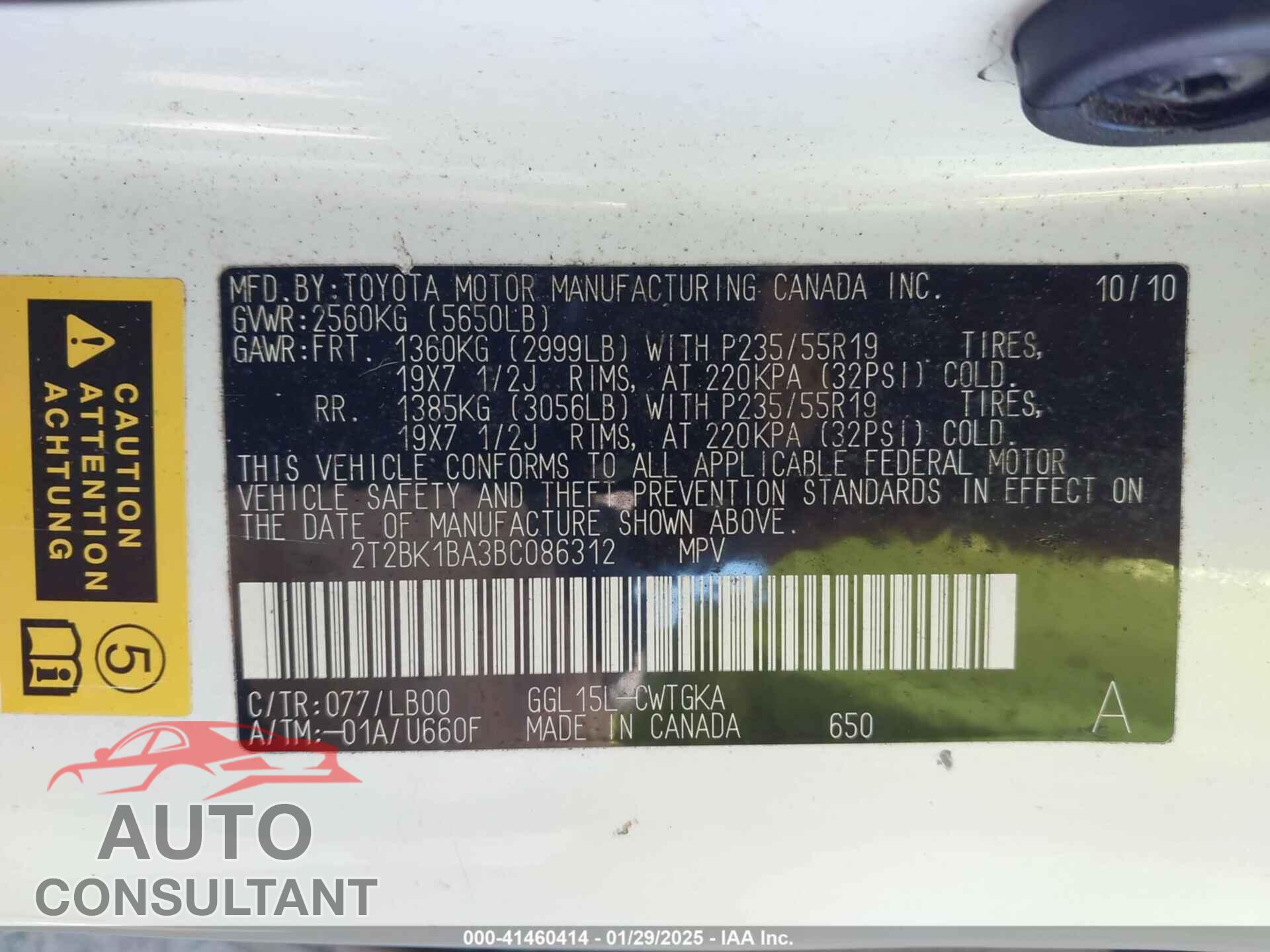 LEXUS RX 350 2011 - 2T2BK1BA3BC086312