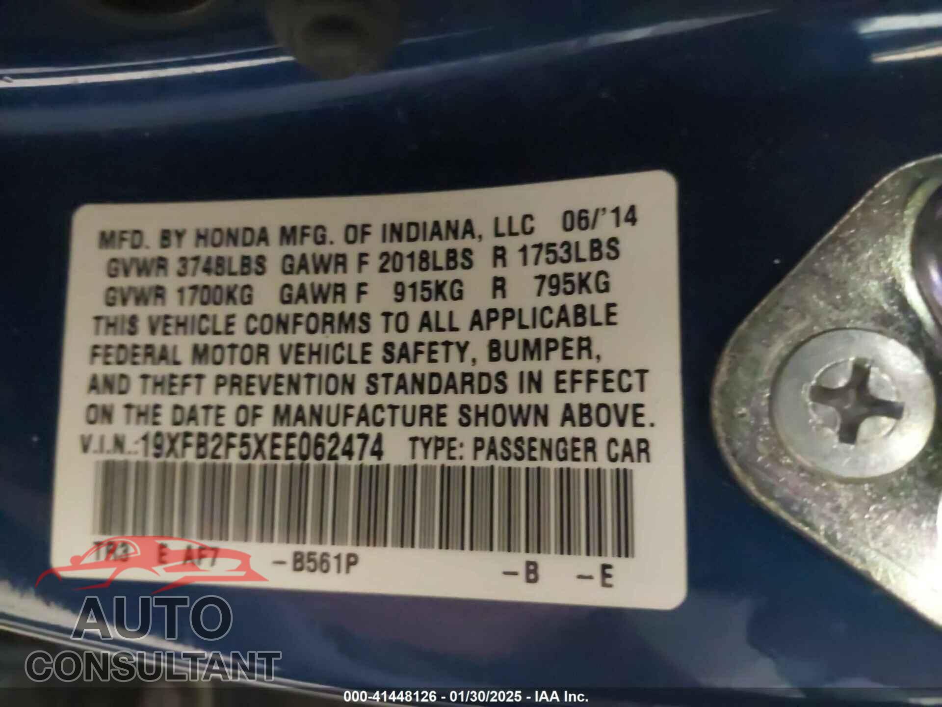 HONDA CIVIC 2014 - 19XFB2F5XEE062474