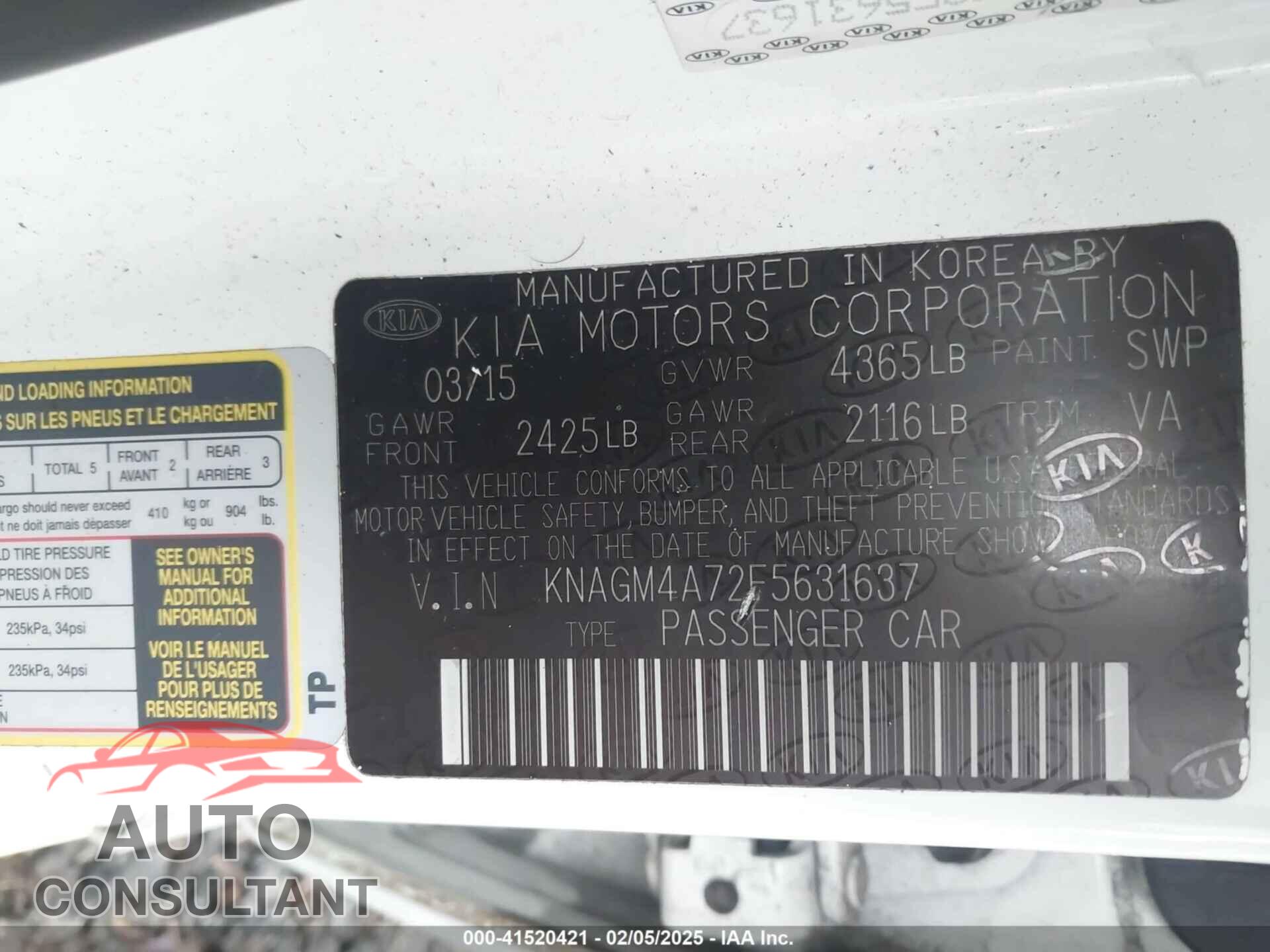 KIA OPTIMA 2015 - KNAGM4A72F5631637