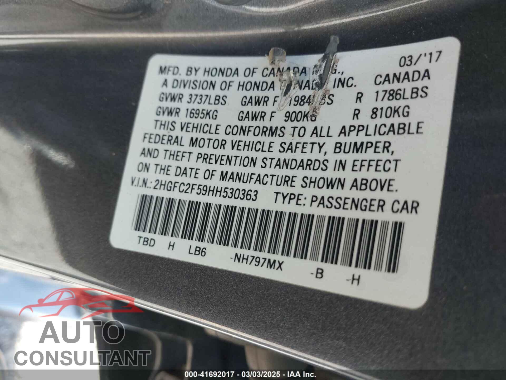 HONDA CIVIC 2017 - 2HGFC2F59HH530363
