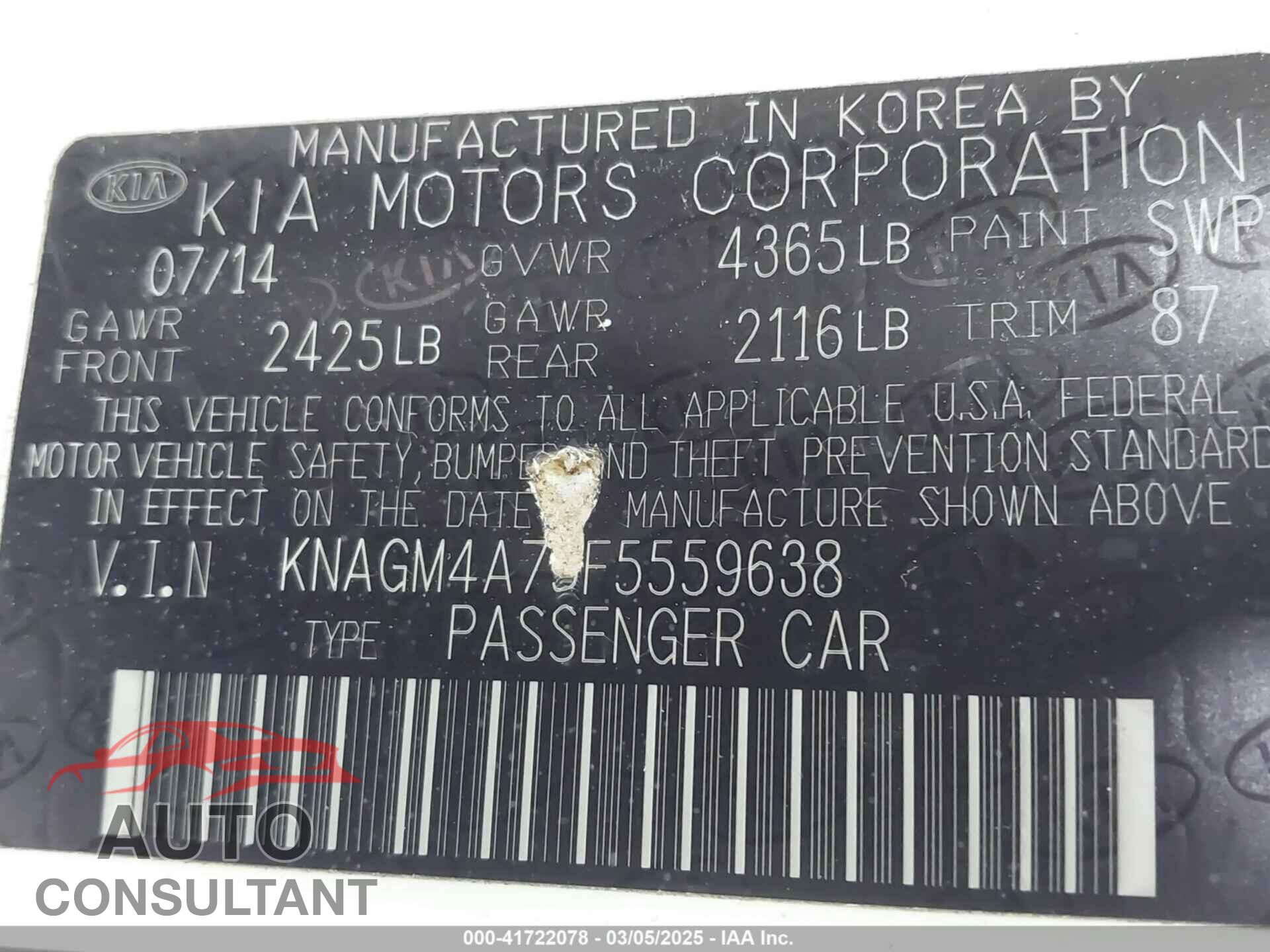 KIA OPTIMA 2015 - KNAGM4A75F5559638