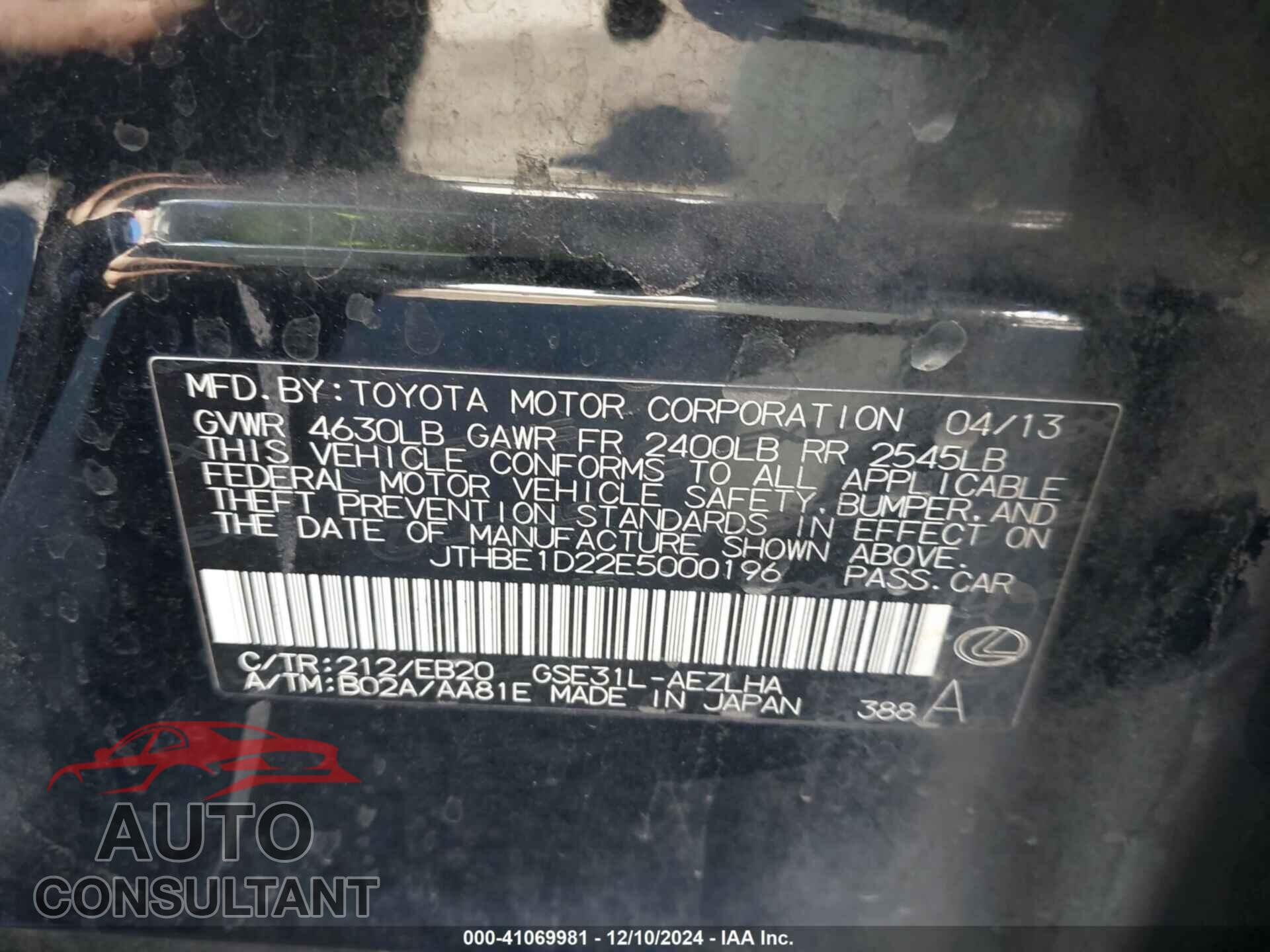 LEXUS IS 350 2014 - JTHBE1D22E5000196