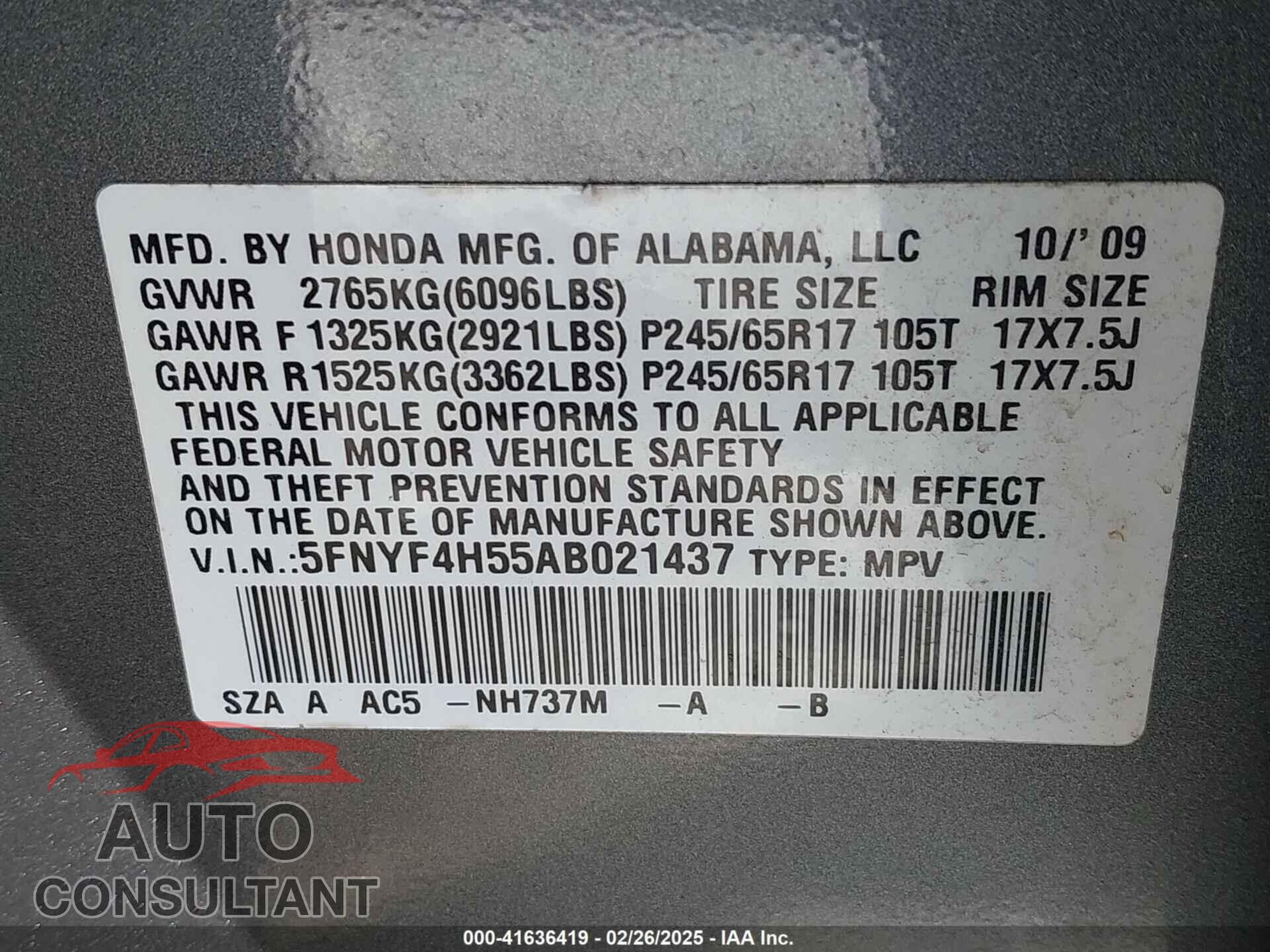 HONDA PILOT 2010 - 5FNYF4H55AB021437