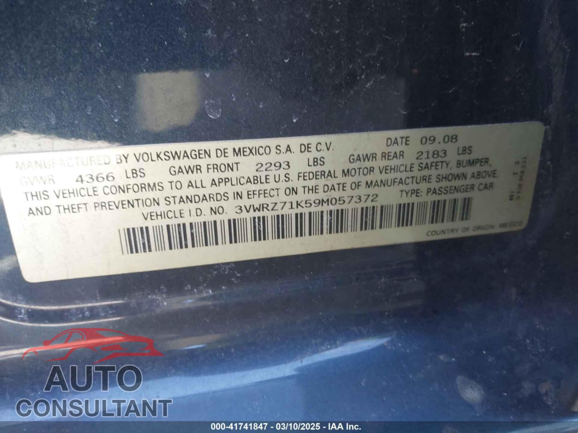 VOLKSWAGEN JETTA 2009 - 3VWRZ71K59M057372
