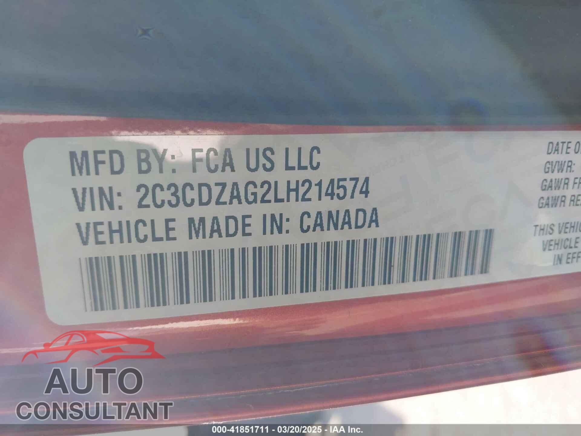 DODGE CHALLENGER 2020 - 2C3CDZAG2LH214574