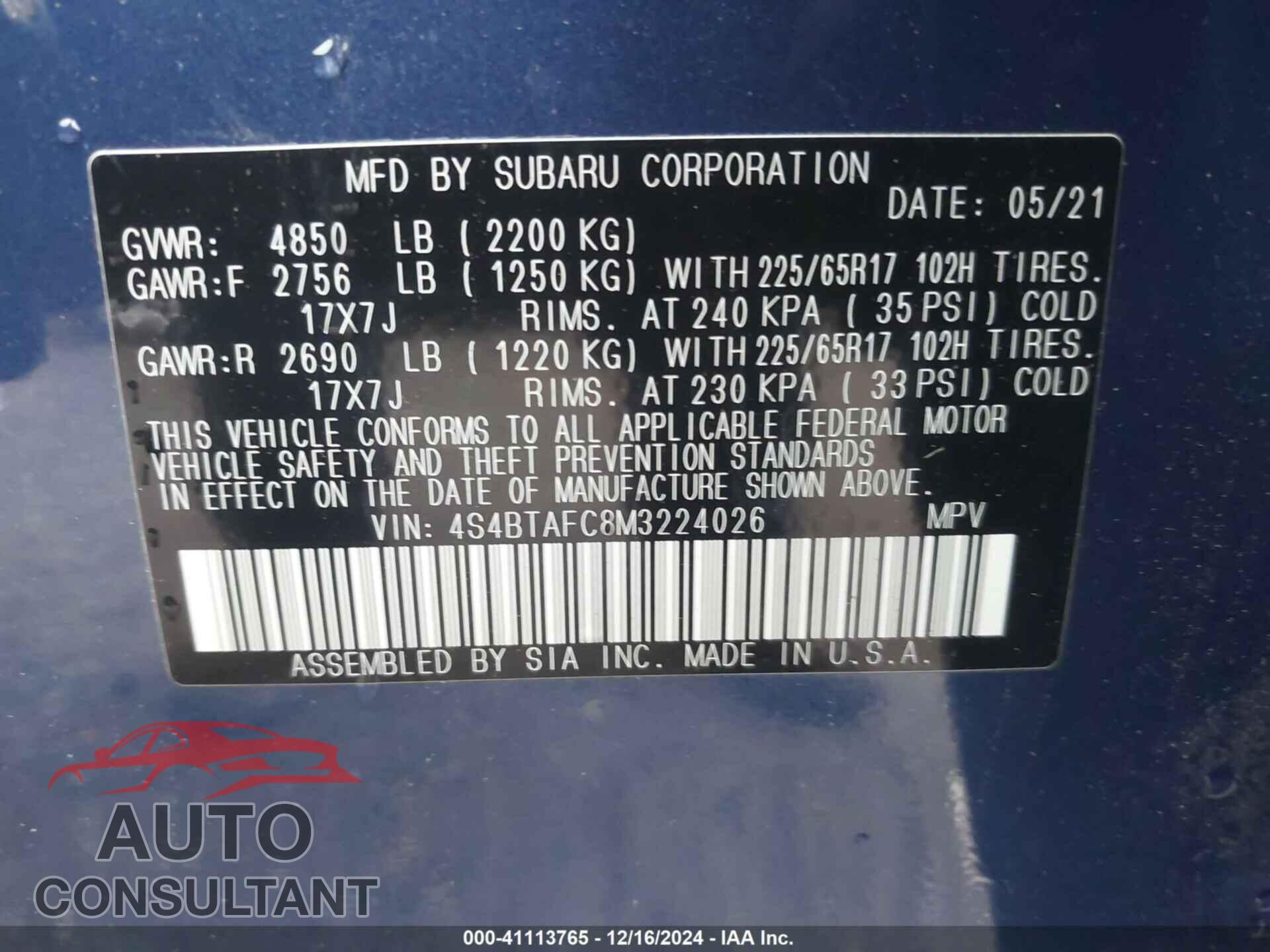 SUBARU OUTBACK 2021 - 4S4BTAFC8M3224026
