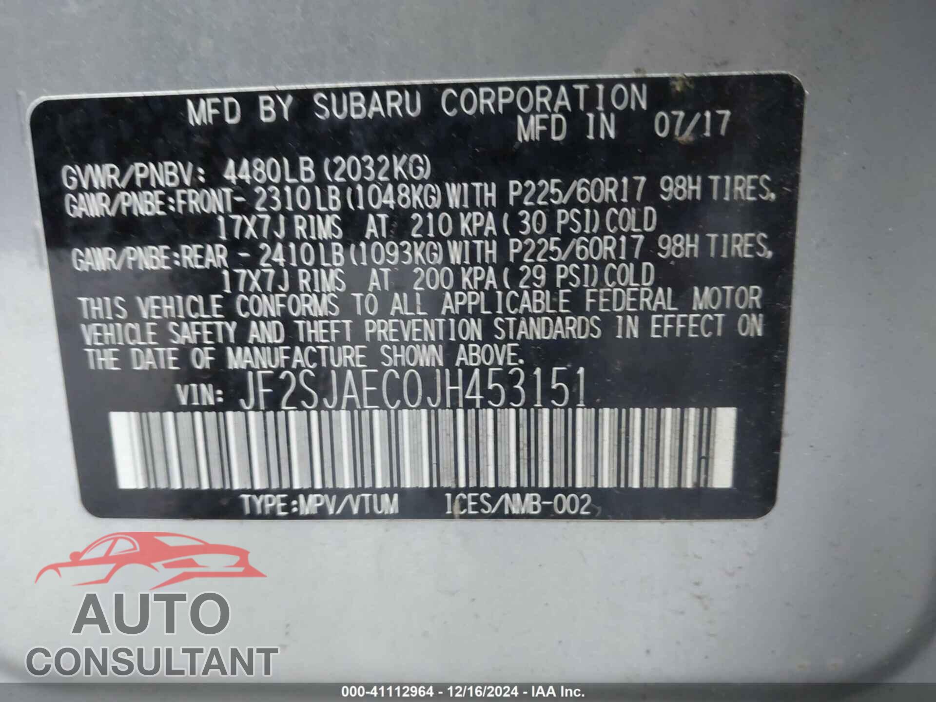SUBARU FORESTER 2018 - JF2SJAEC0JH453151