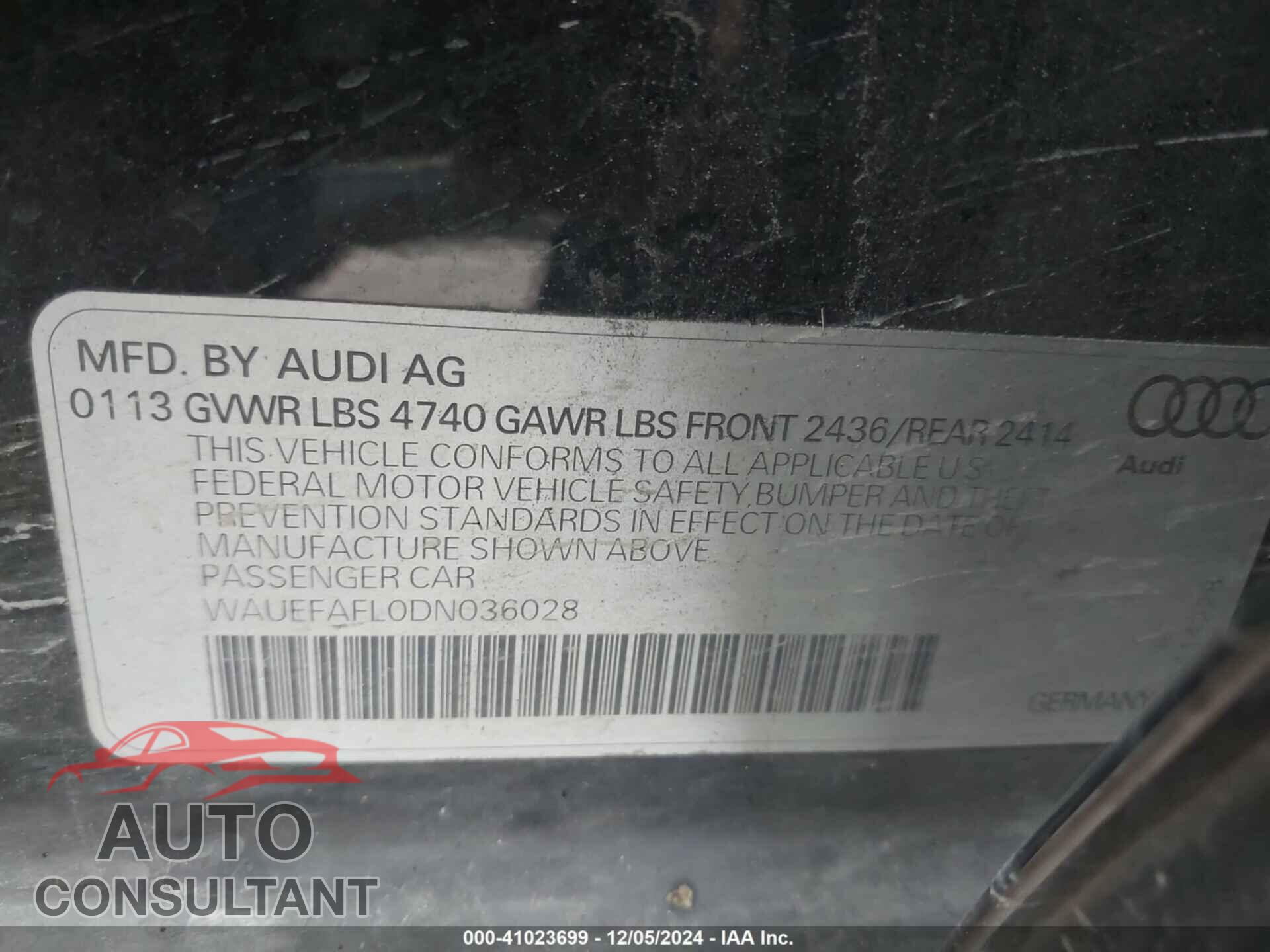 AUDI A4 2013 - WAUEFAFL0DN036028