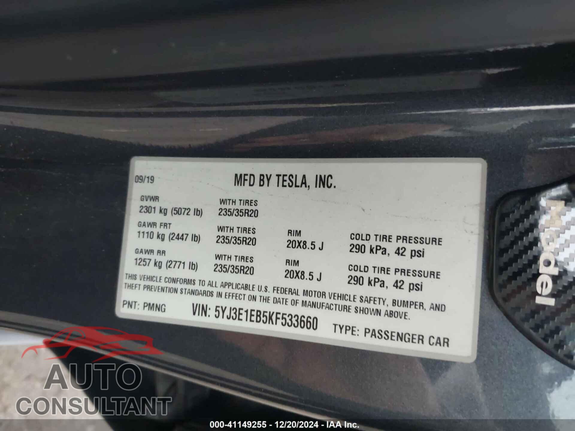 TESLA MODEL 3 2019 - 5YJ3E1EB5KF533660
