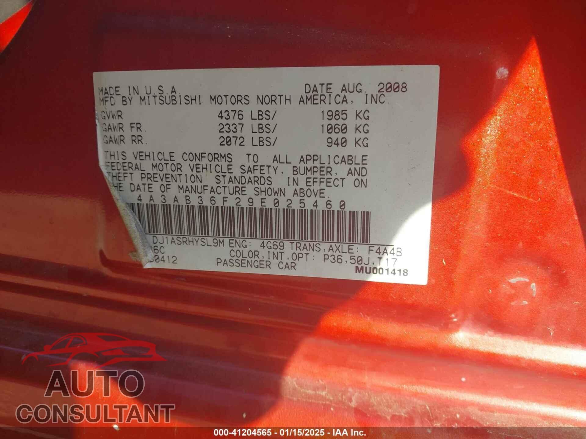 MITSUBISHI GALANT 2009 - 4A3AB36F29E025460