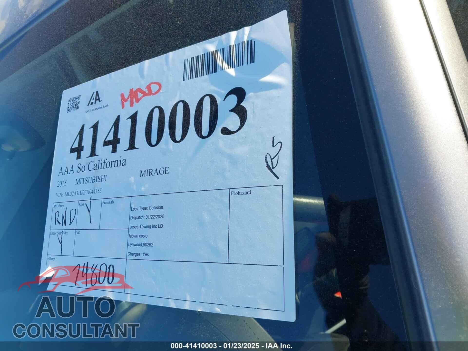 MITSUBISHI MIRAGE 2015 - ML32A3HJ0FH044355