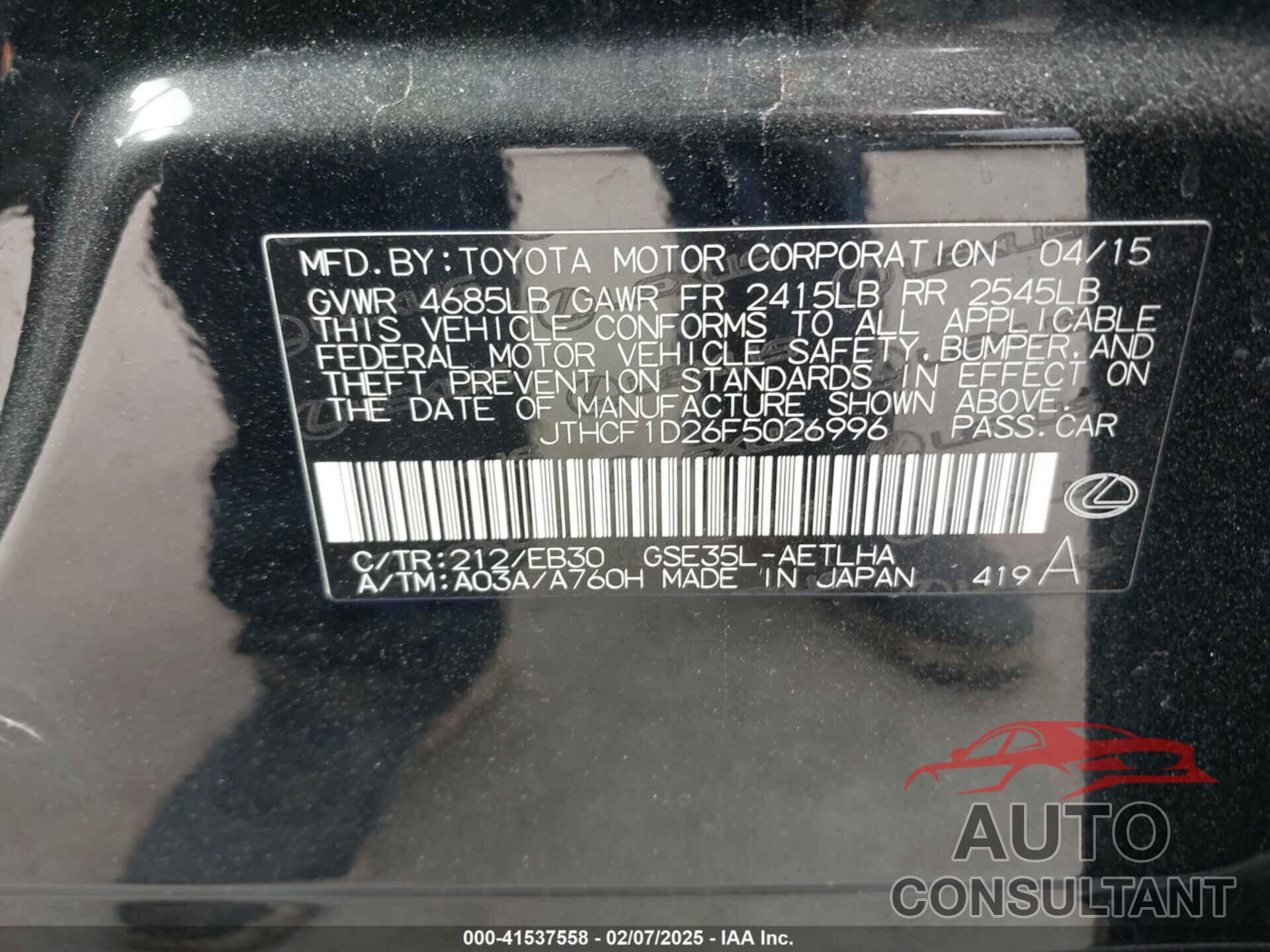 LEXUS IS 250 2015 - JTHCF1D26F5026996