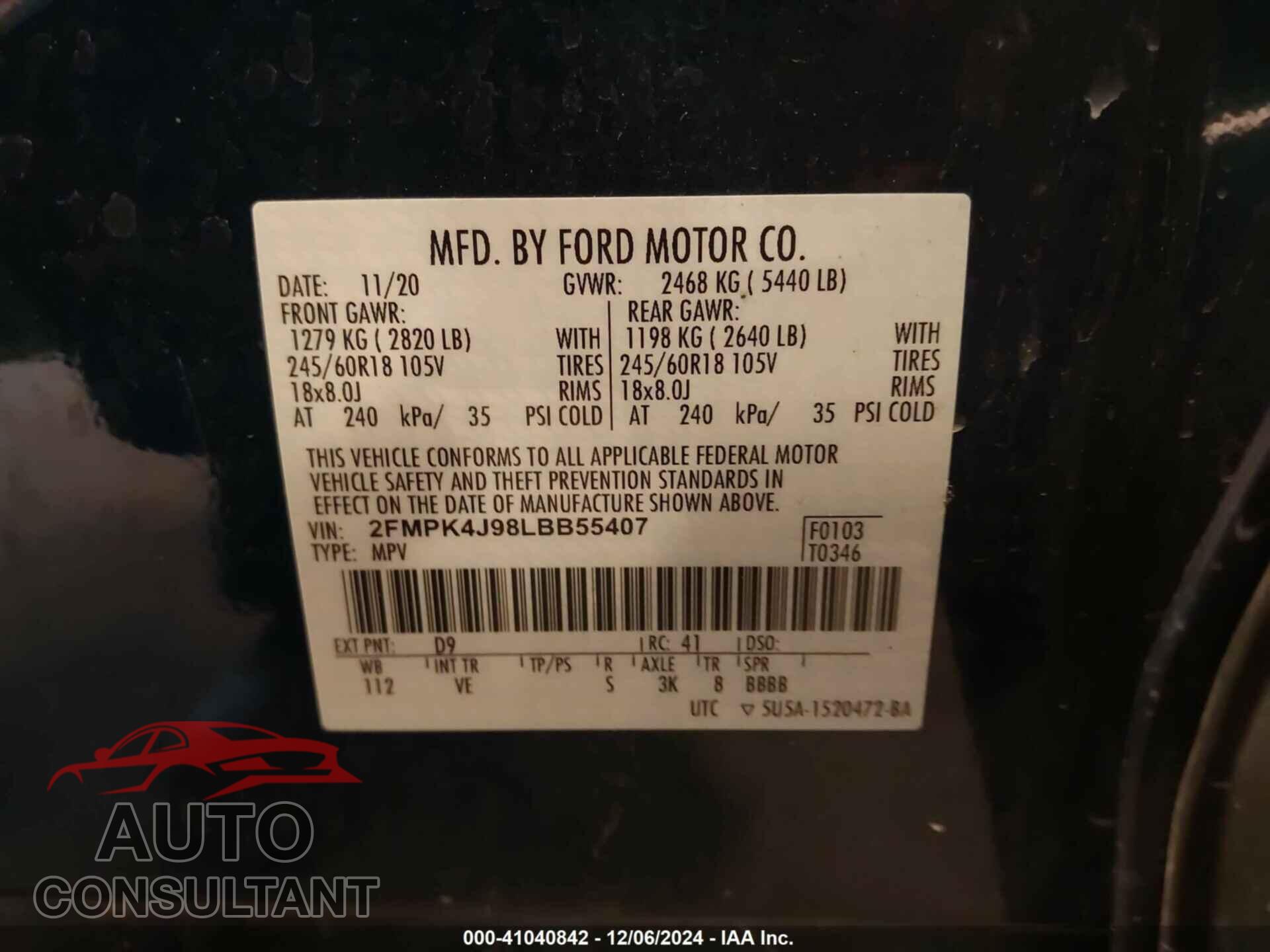 FORD EDGE 2020 - 2FMPK4J98LBB55407