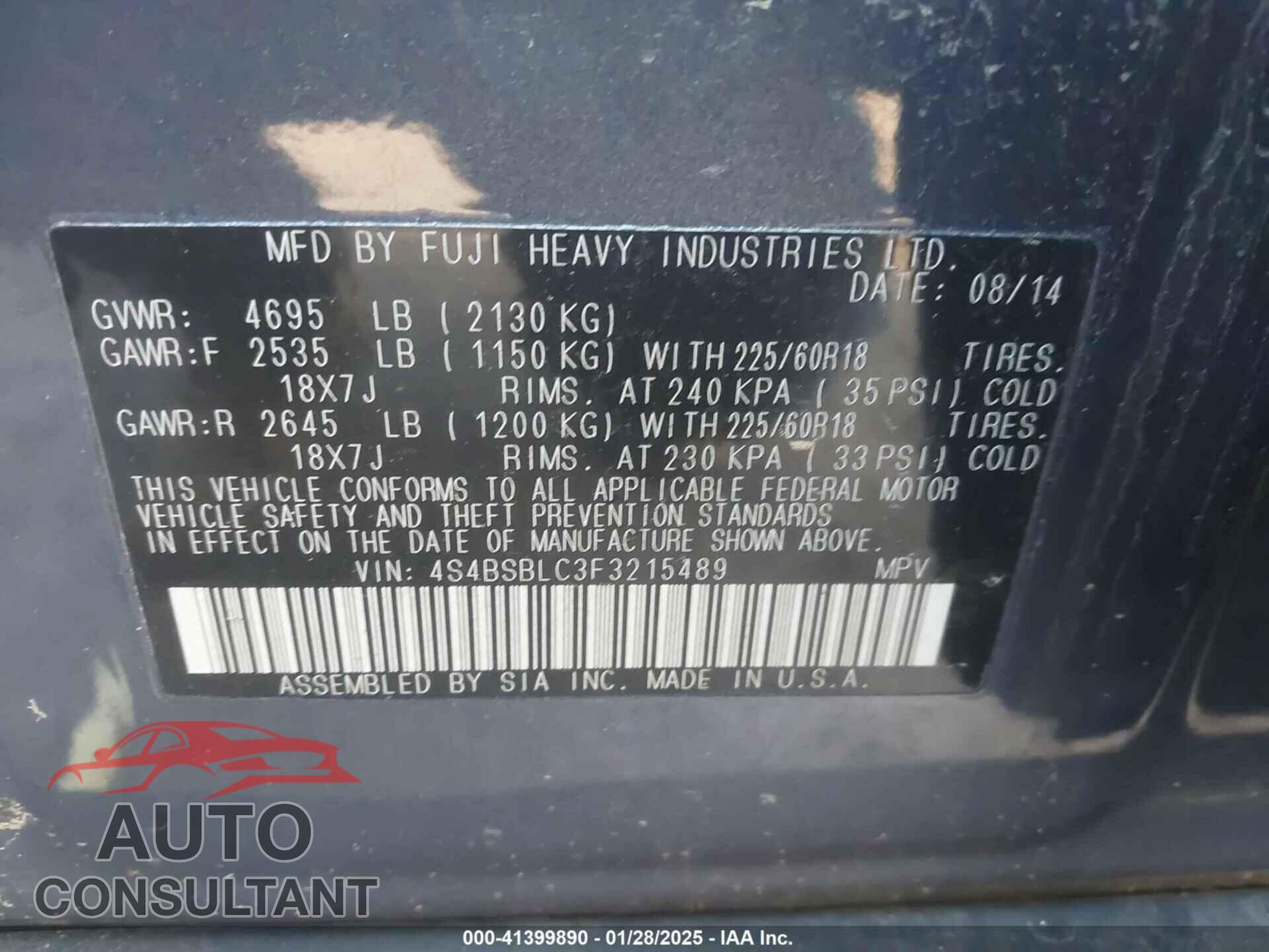 SUBARU OUTBACK 2015 - 4S4BSBLC3F3215489