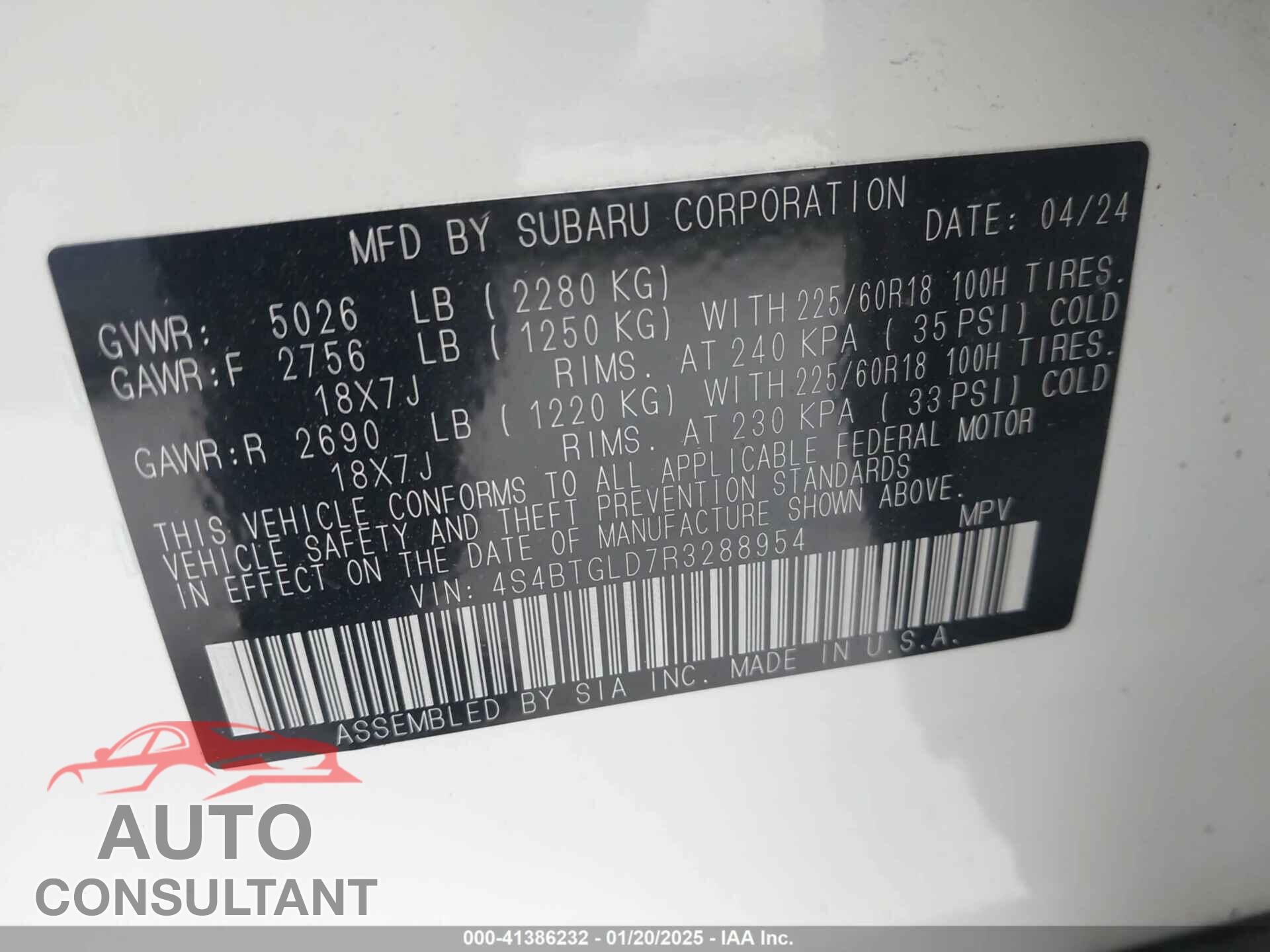 SUBARU OUTBACK 2024 - 4S4BTGLD7R3288954