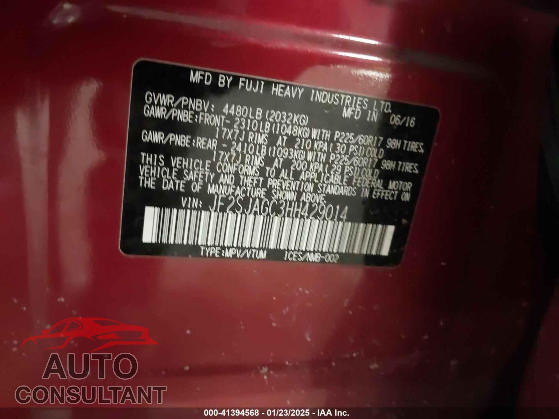 SUBARU FORESTER 2017 - JF2SJAGC3HH429014