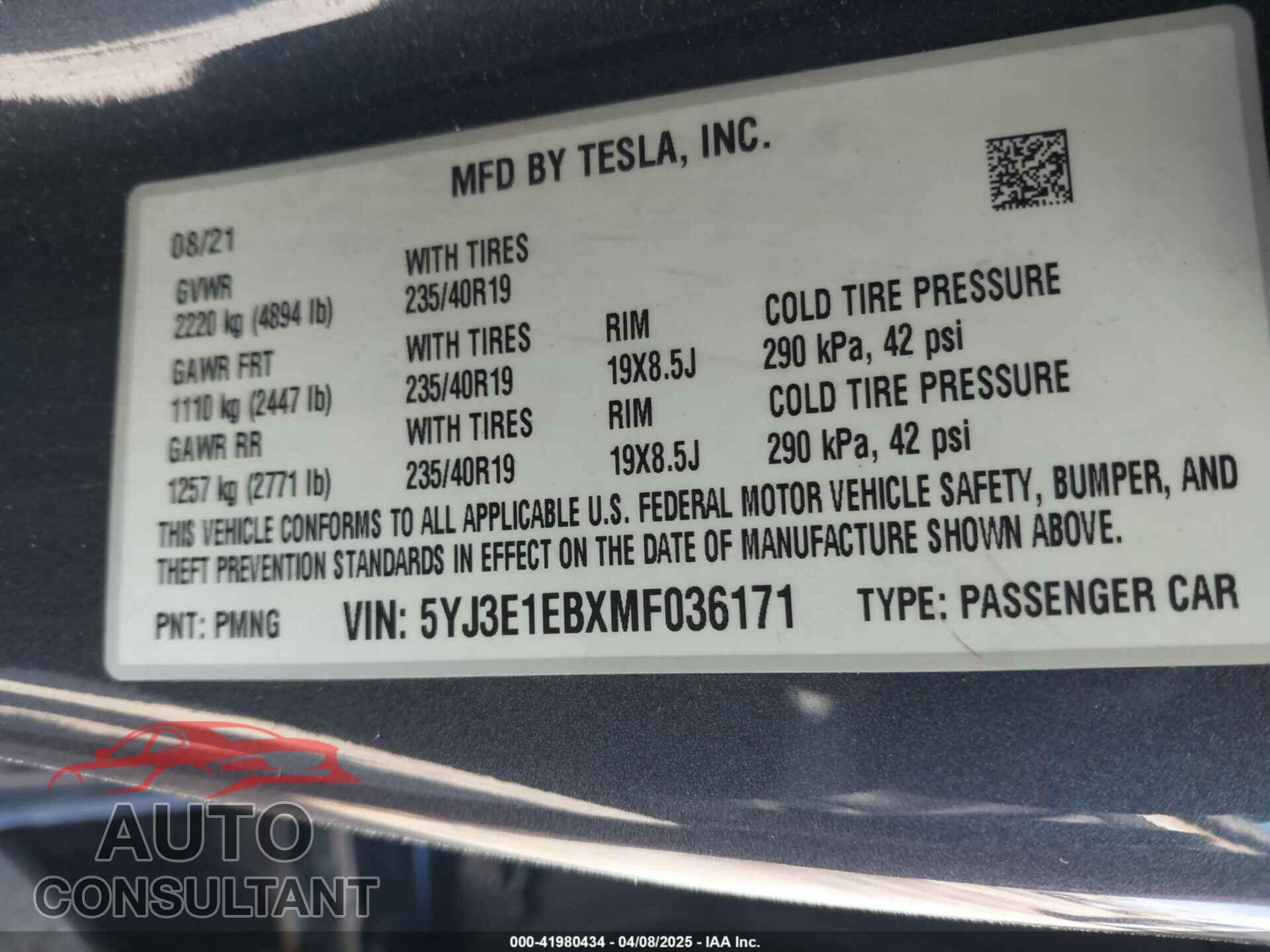 TESLA MODEL 3 2021 - 5YJ3E1EBXMF036171