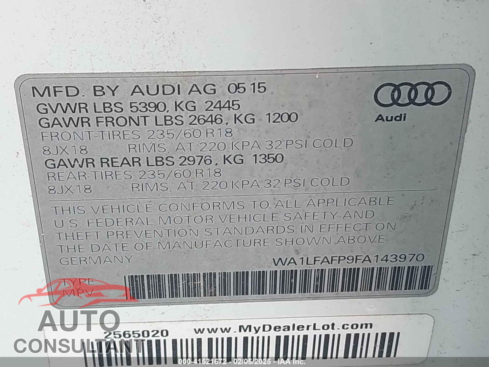 AUDI Q5 2015 - WA1LFAFP9FA143970