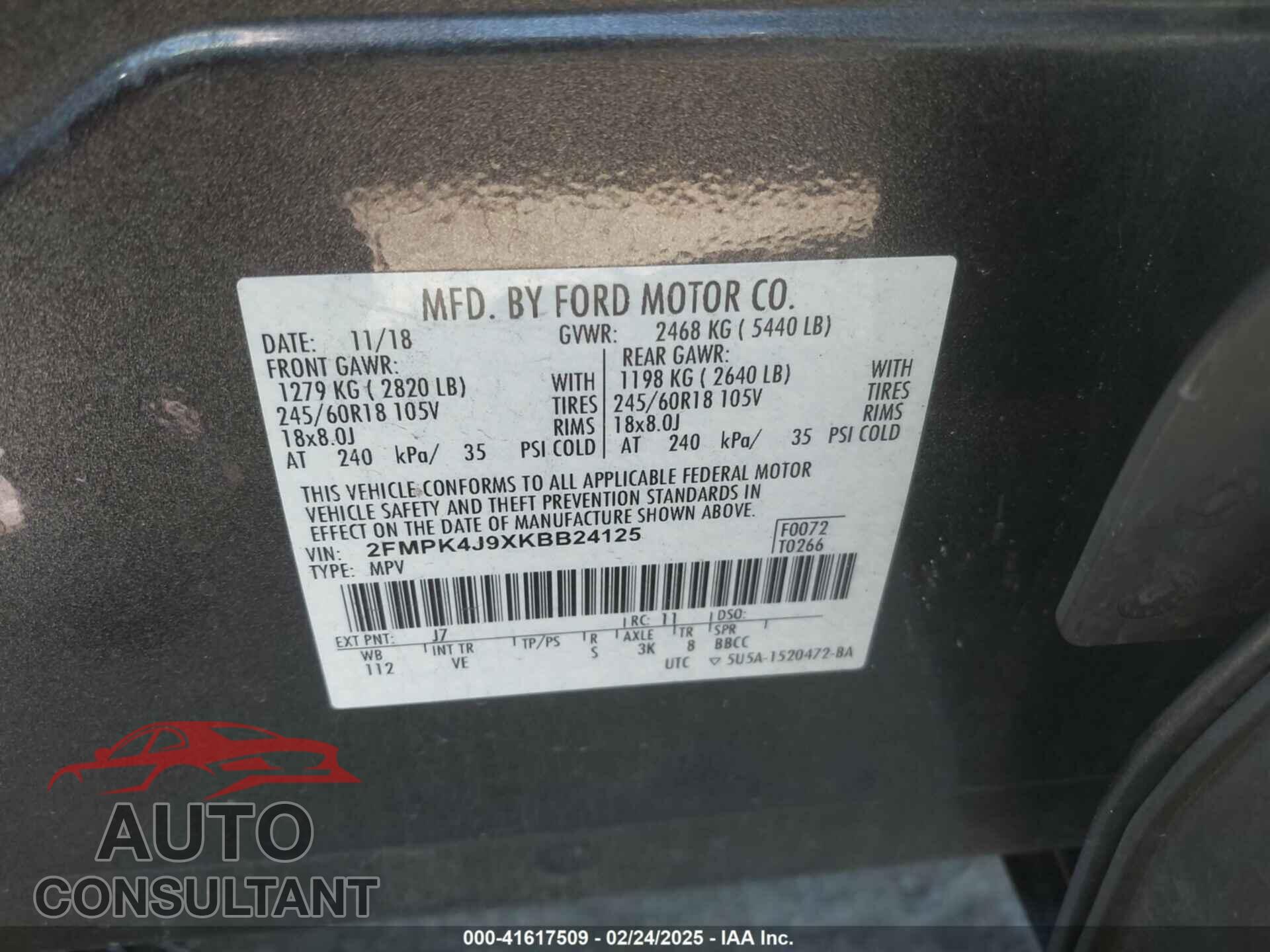 FORD EDGE 2019 - 2FMPK4J9XKBB24125