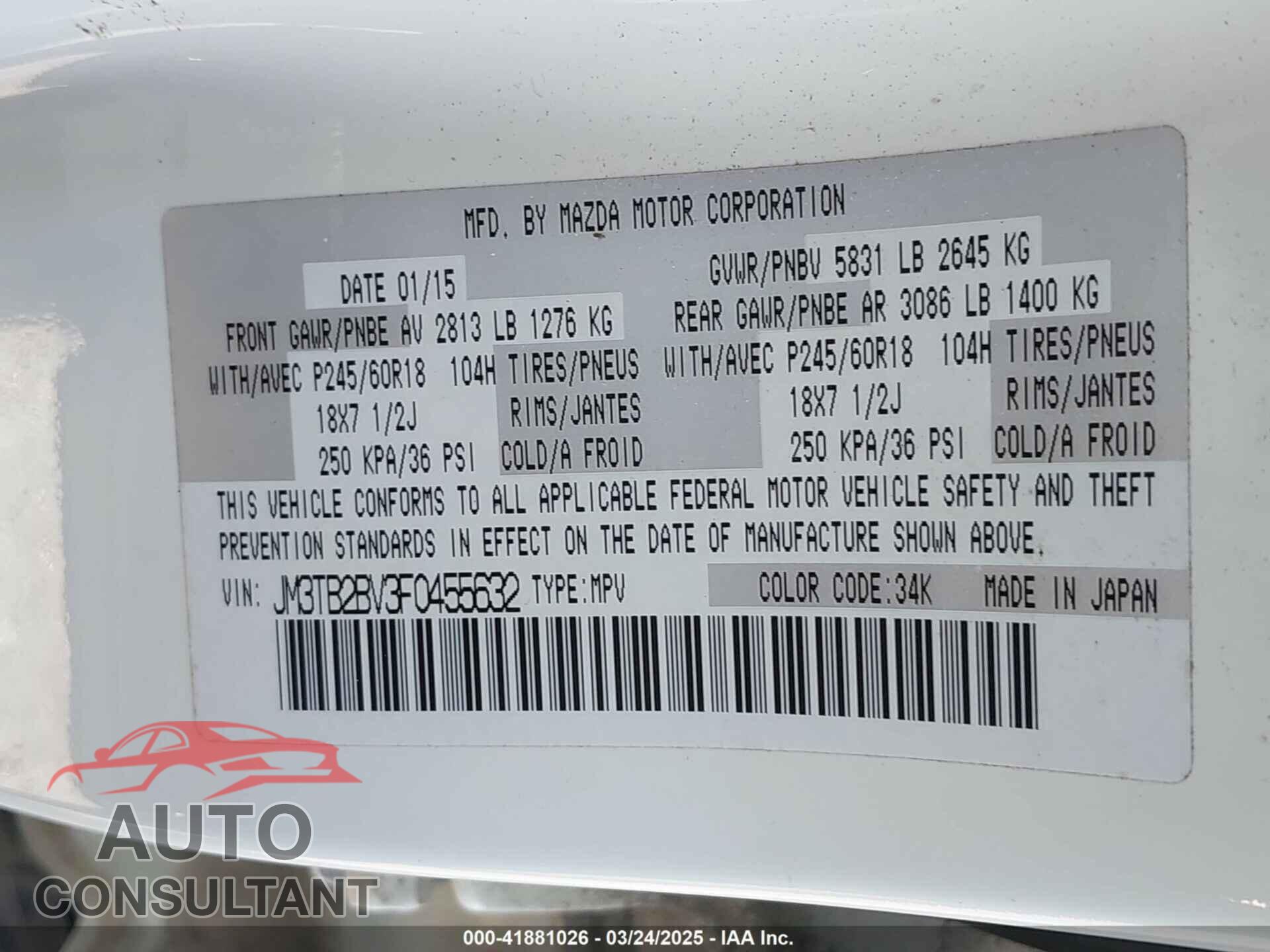 MAZDA CX-9 2015 - JM3TB2BV3F0455632