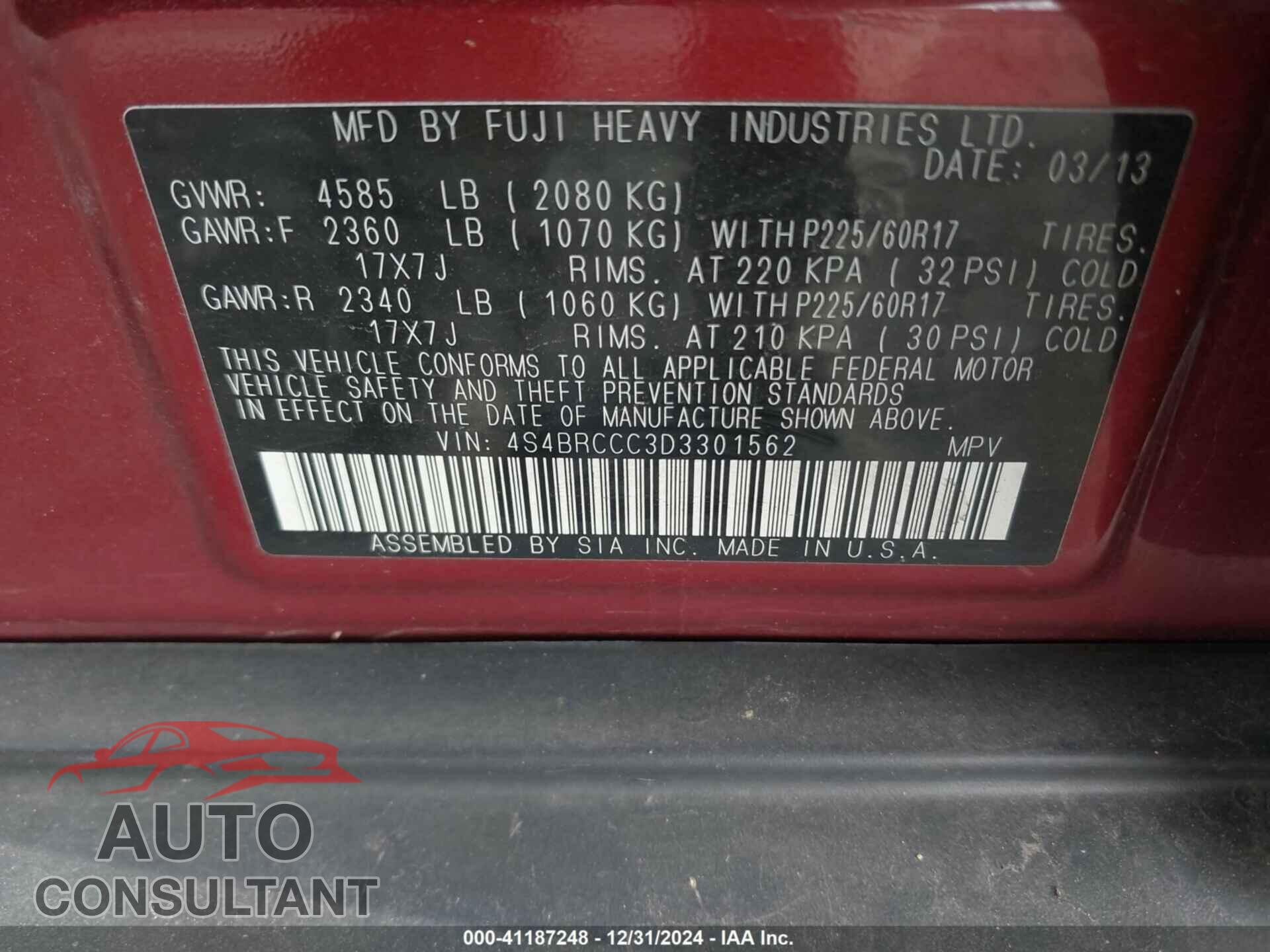 SUBARU OUTBACK 2013 - 4S4BRCCC3D3301562