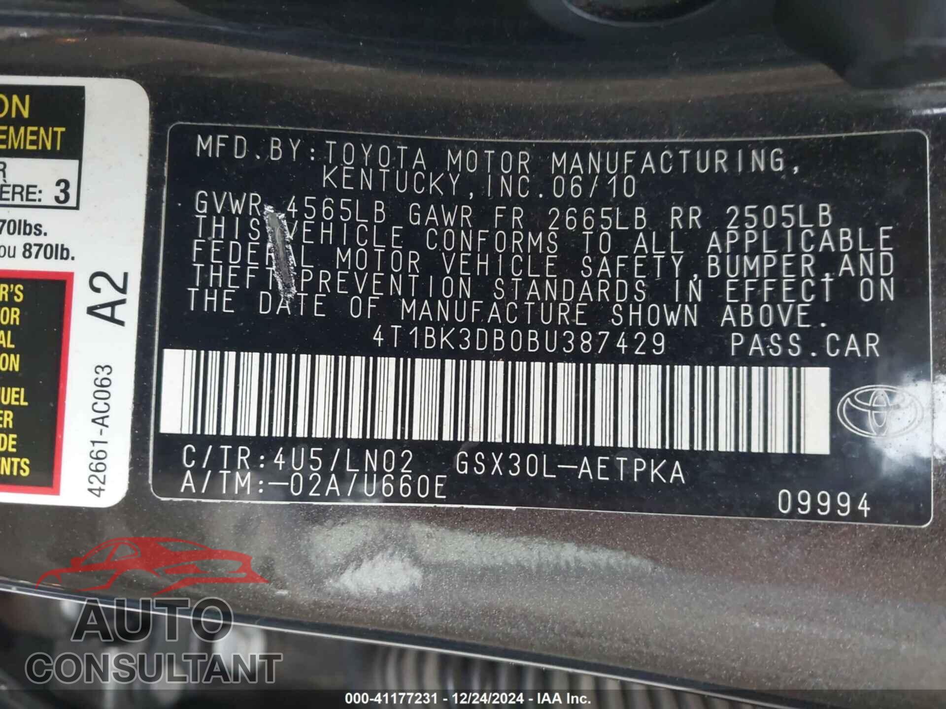 TOYOTA AVALON 2011 - 4T1BK3DB0BU387429