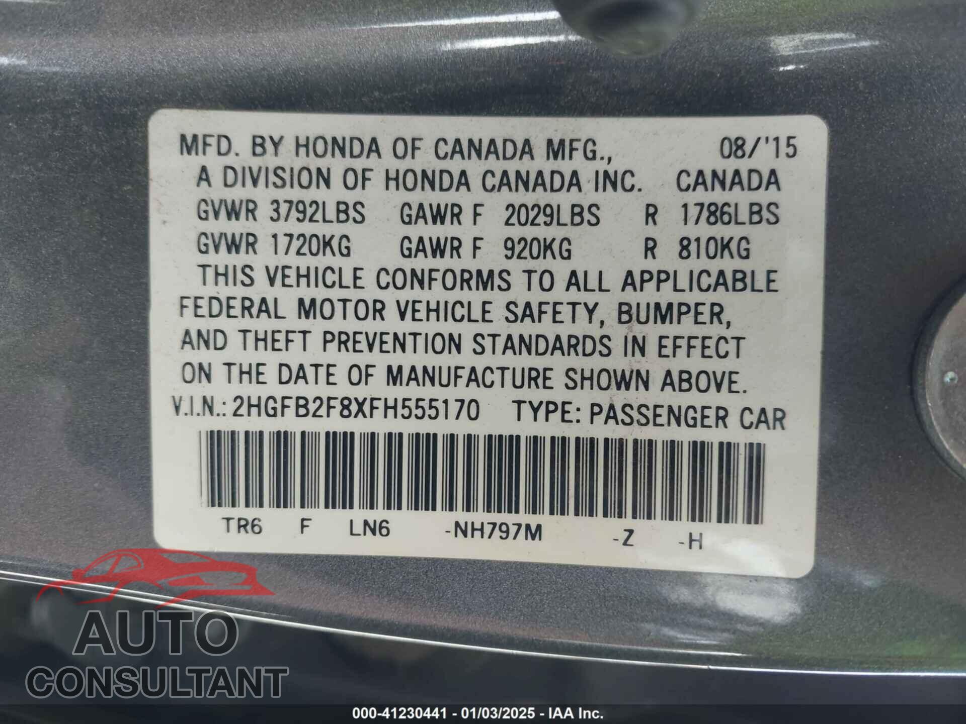 HONDA CIVIC 2015 - 2HGFB2F8XFH555170