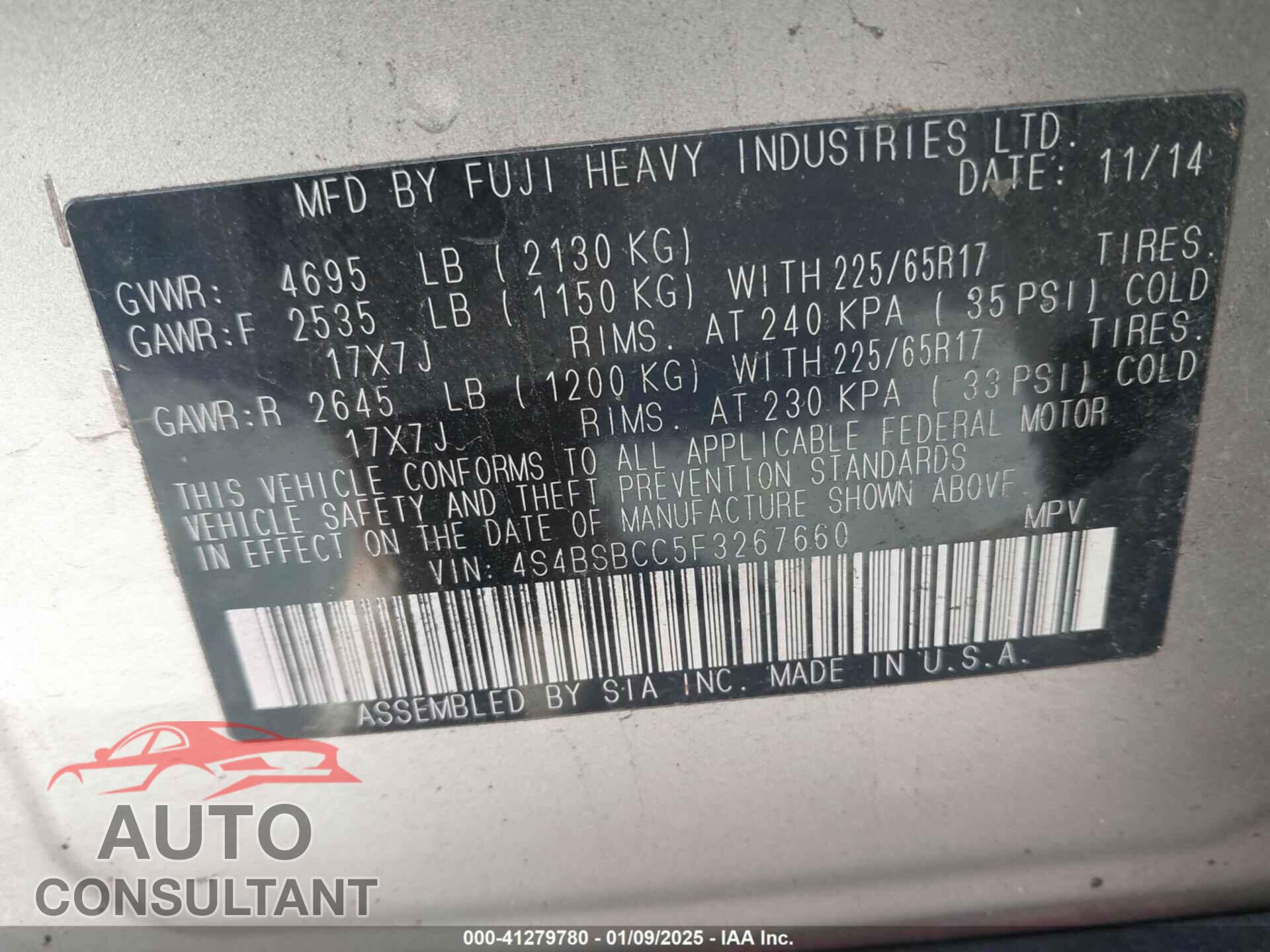 SUBARU OUTBACK 2015 - 4S4BSBCC5F3267660