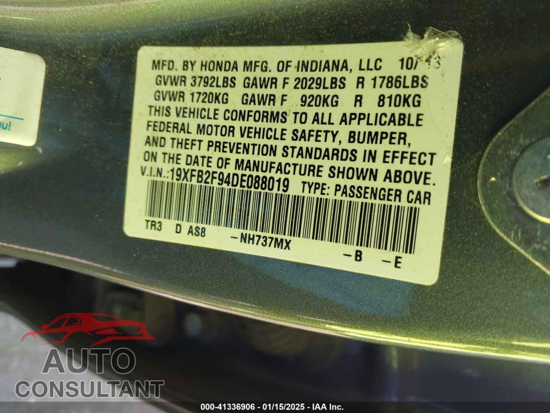 HONDA CIVIC 2013 - 19XFB2F94DE088019