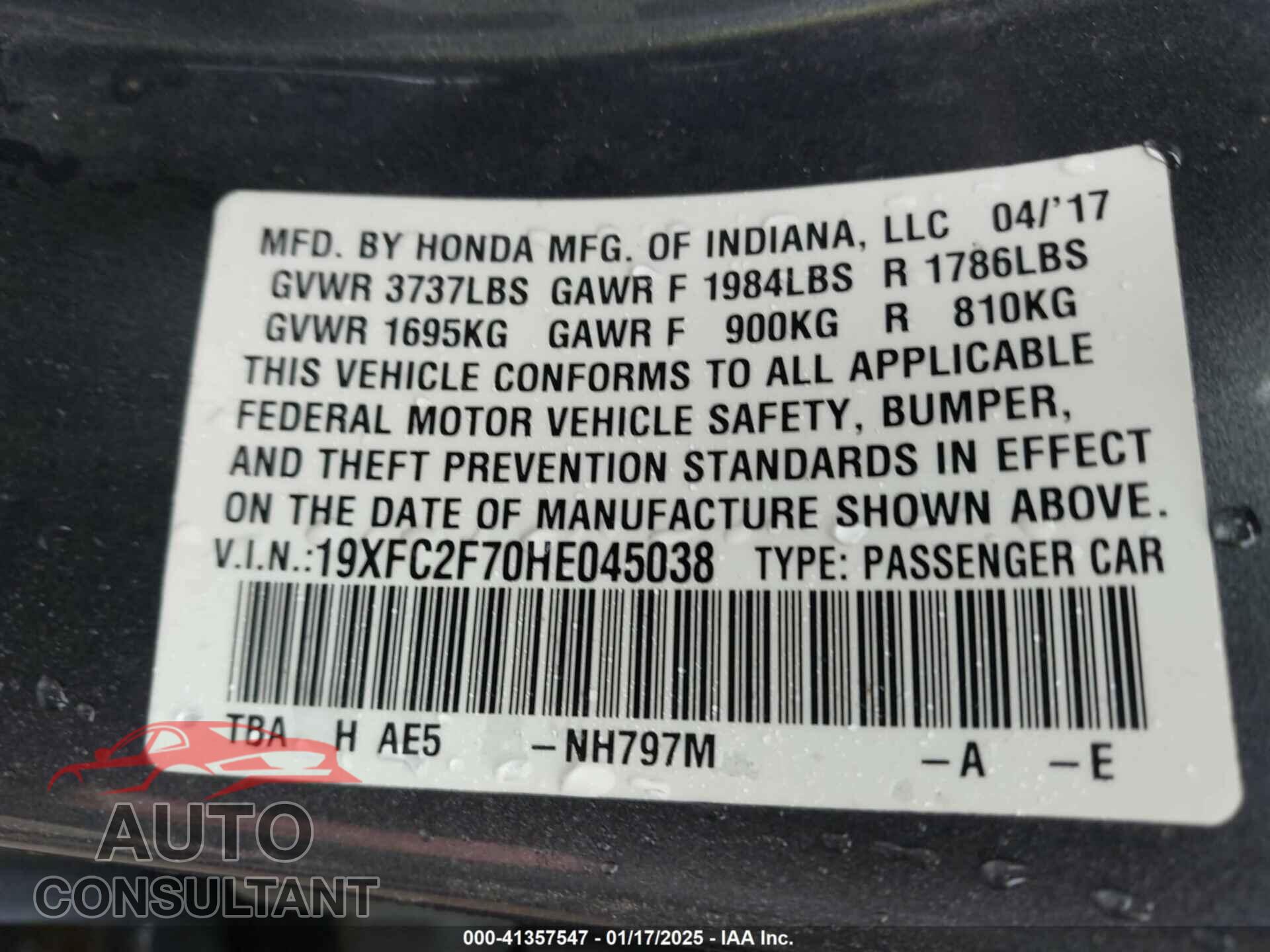 HONDA CIVIC 2017 - 19XFC2F70HE045038