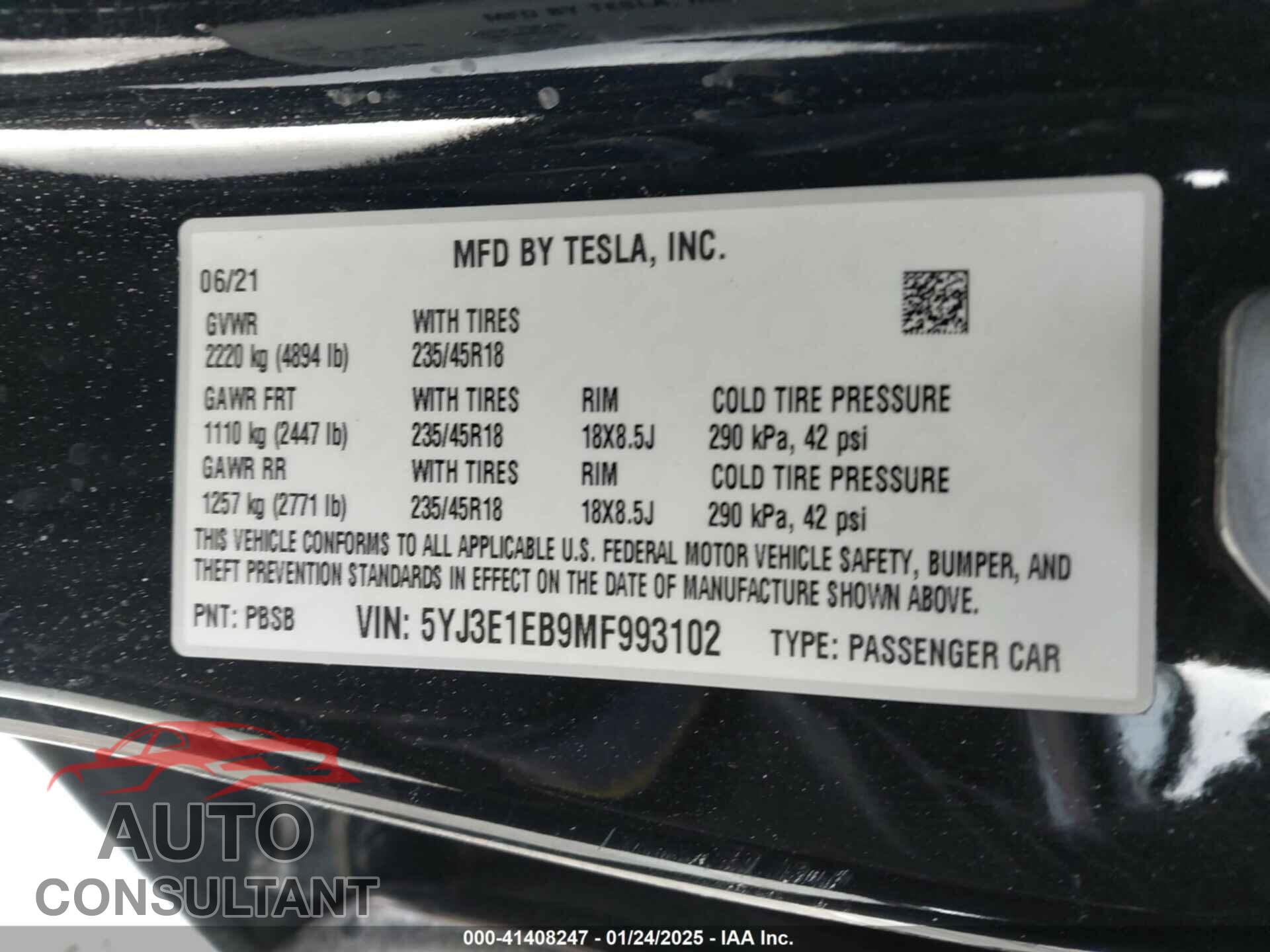 TESLA MODEL 3 2021 - 5YJ3E1EB9MF993102