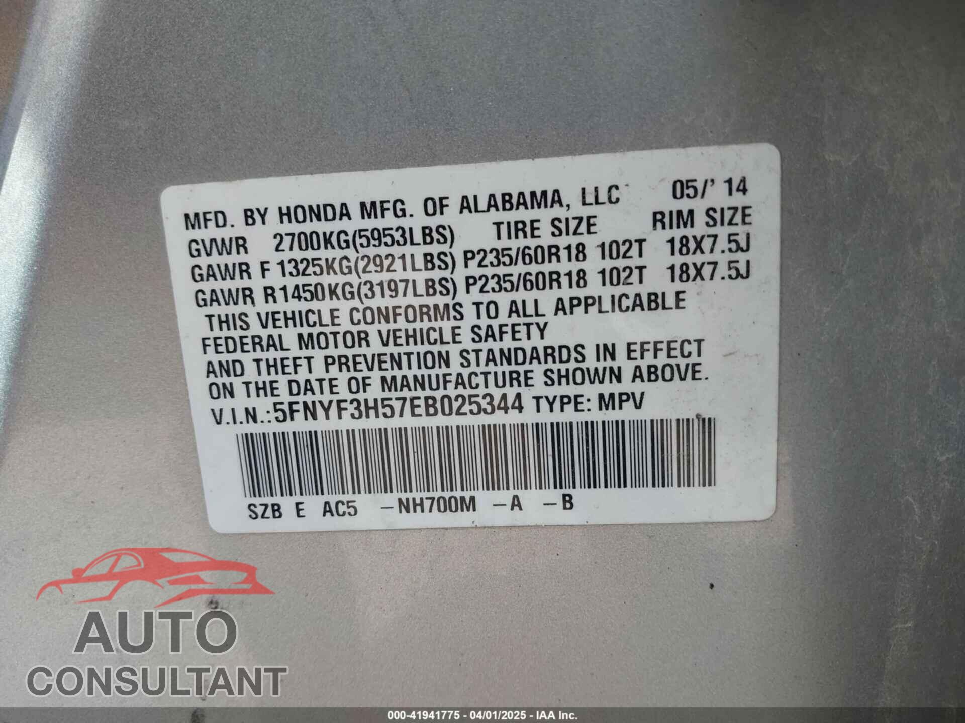 HONDA PILOT 2014 - 5FNYF3H57EB025344