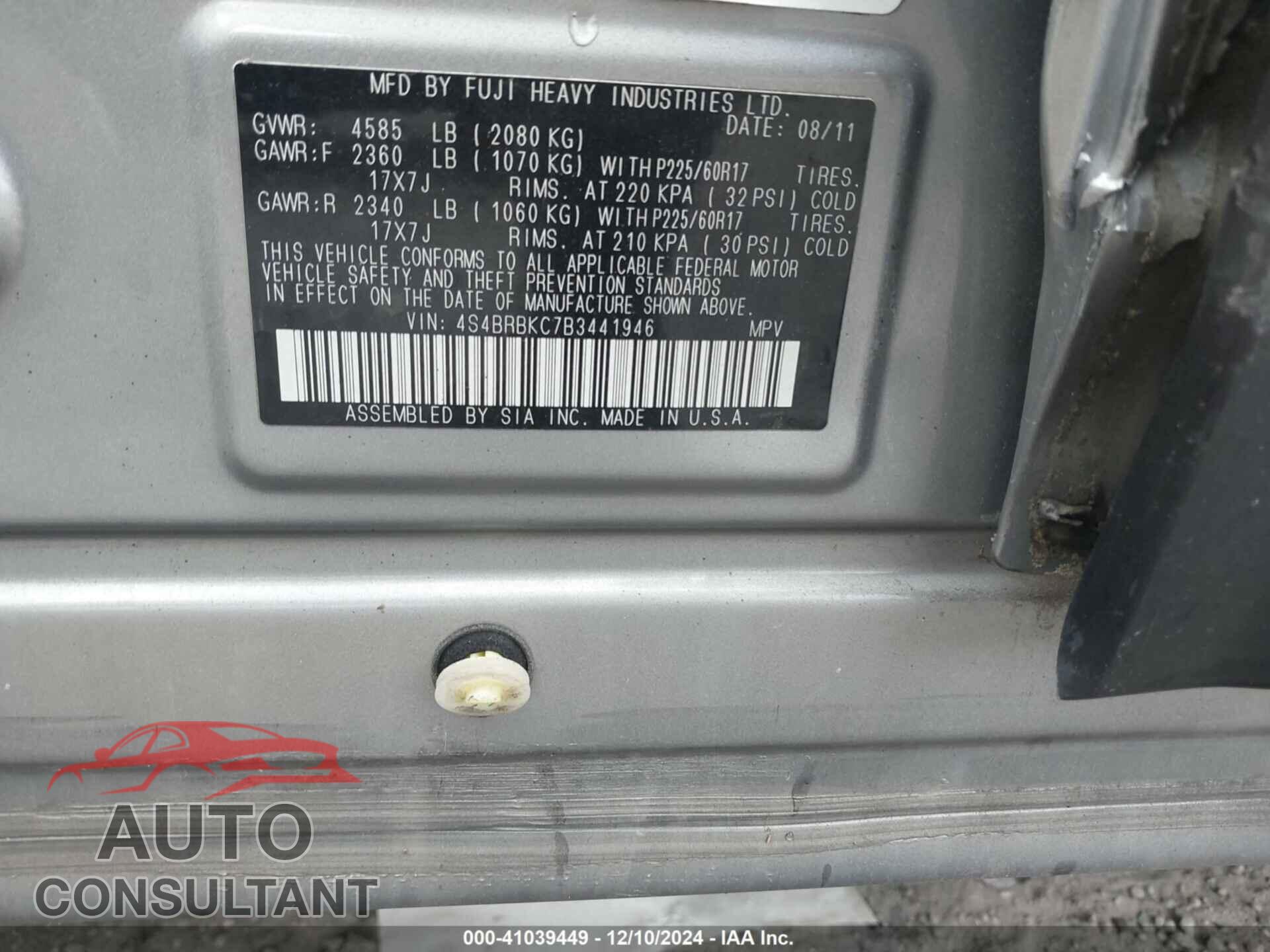 SUBARU OUTBACK 2011 - 4S4BRBKC7B3441946