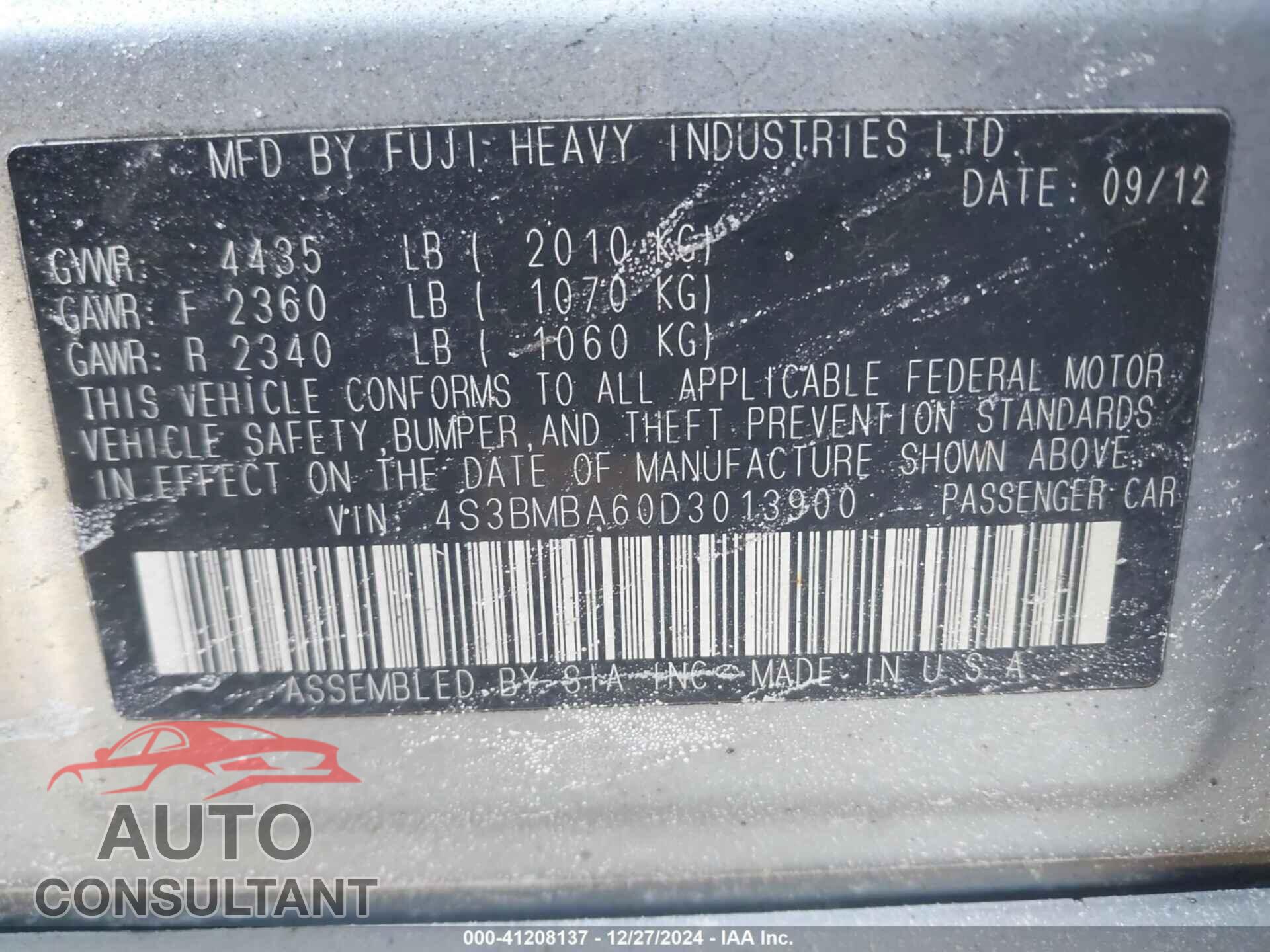SUBARU LEGACY 2013 - 4S3BMBA60D3013900