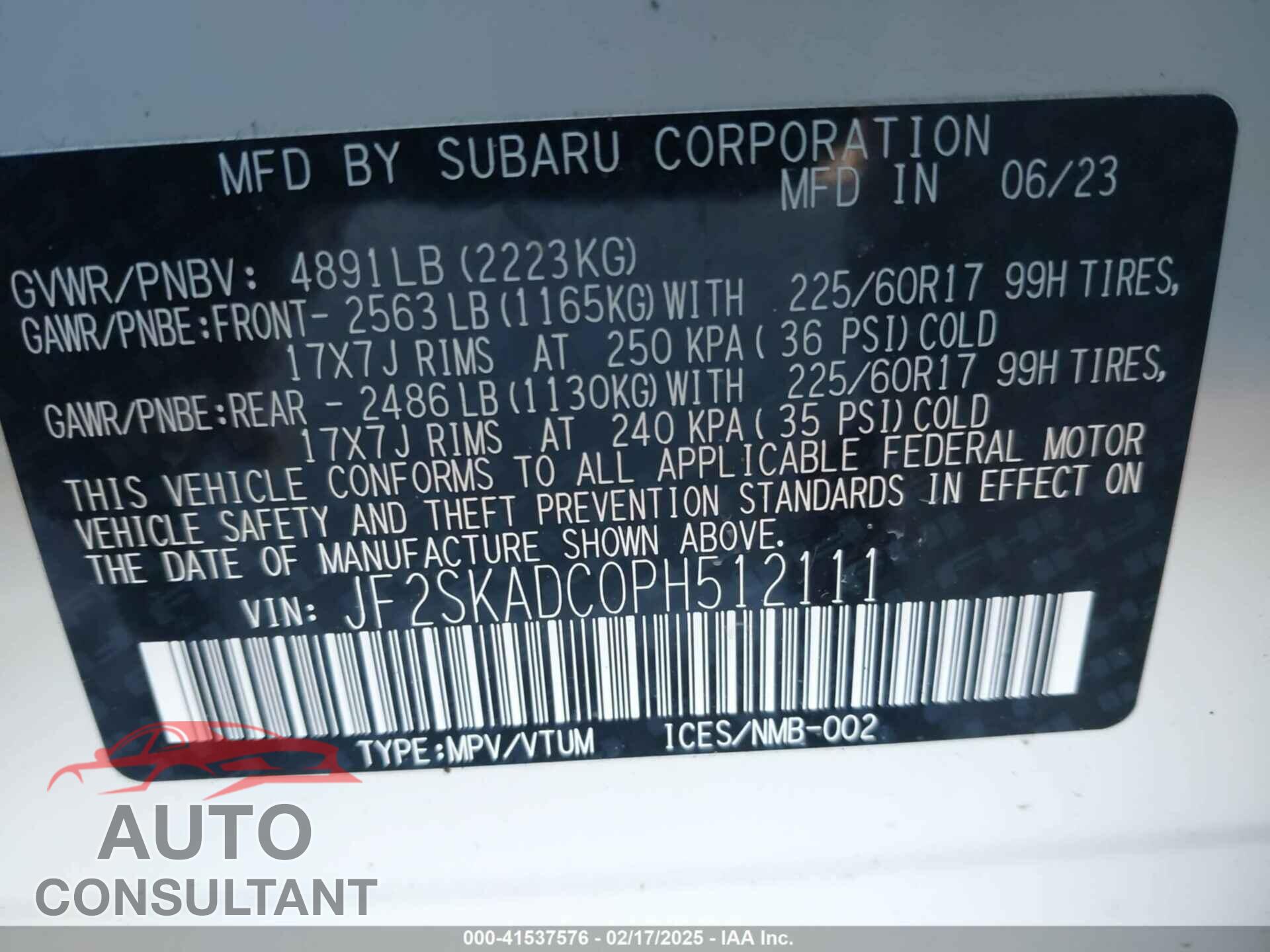 SUBARU FORESTER 2023 - JF2SKADC0PH512111