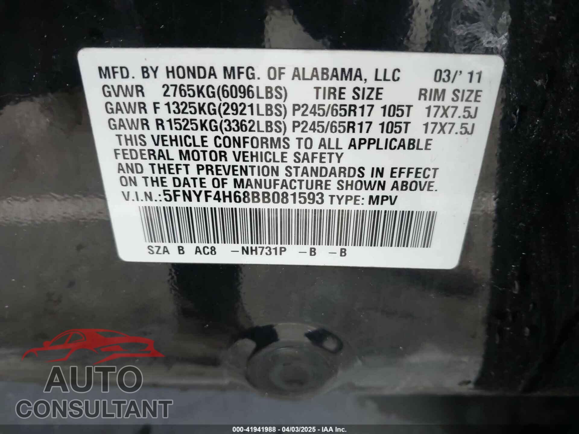 HONDA PILOT 2011 - 5FNYF4H68BB081593