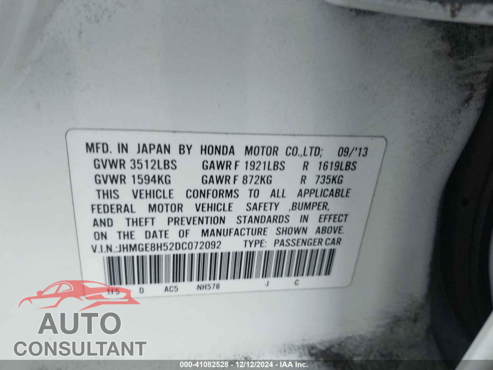HONDA FIT 2013 - JHMGE8H52DC072092