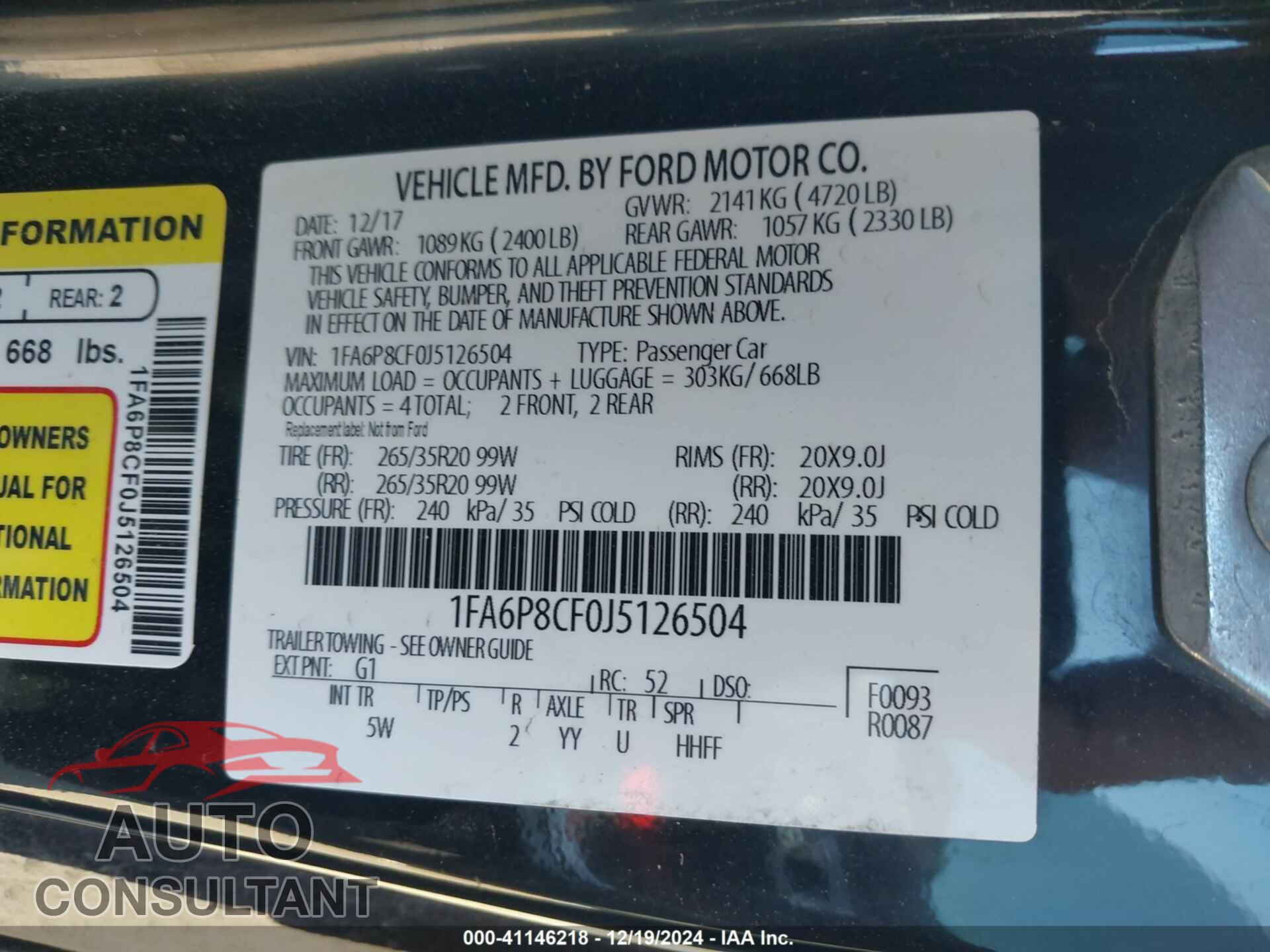 FORD MUSTANG 2018 - 1FA6P8CF0J5126504
