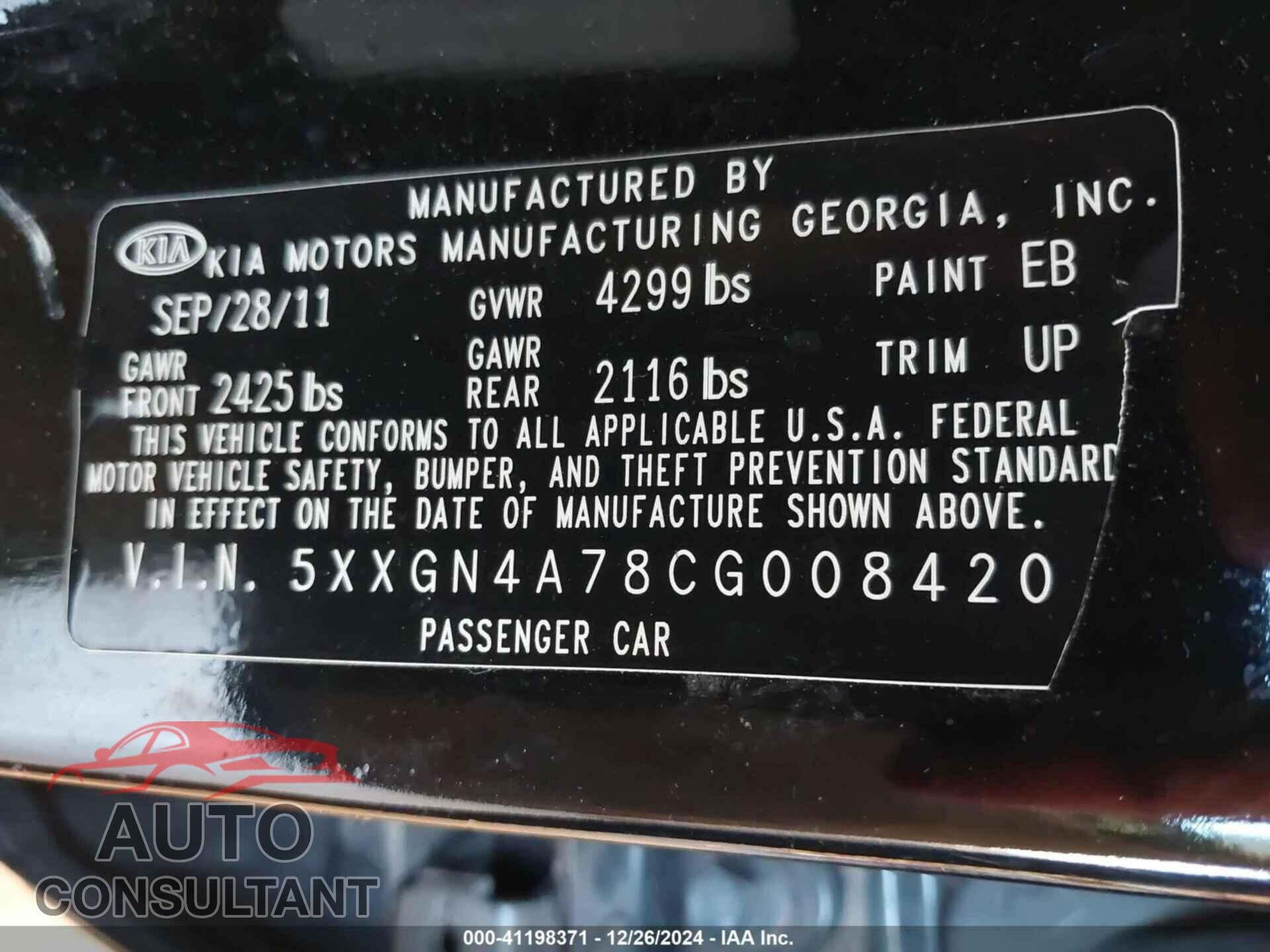 KIA OPTIMA 2012 - 5XXGN4A78CG008420