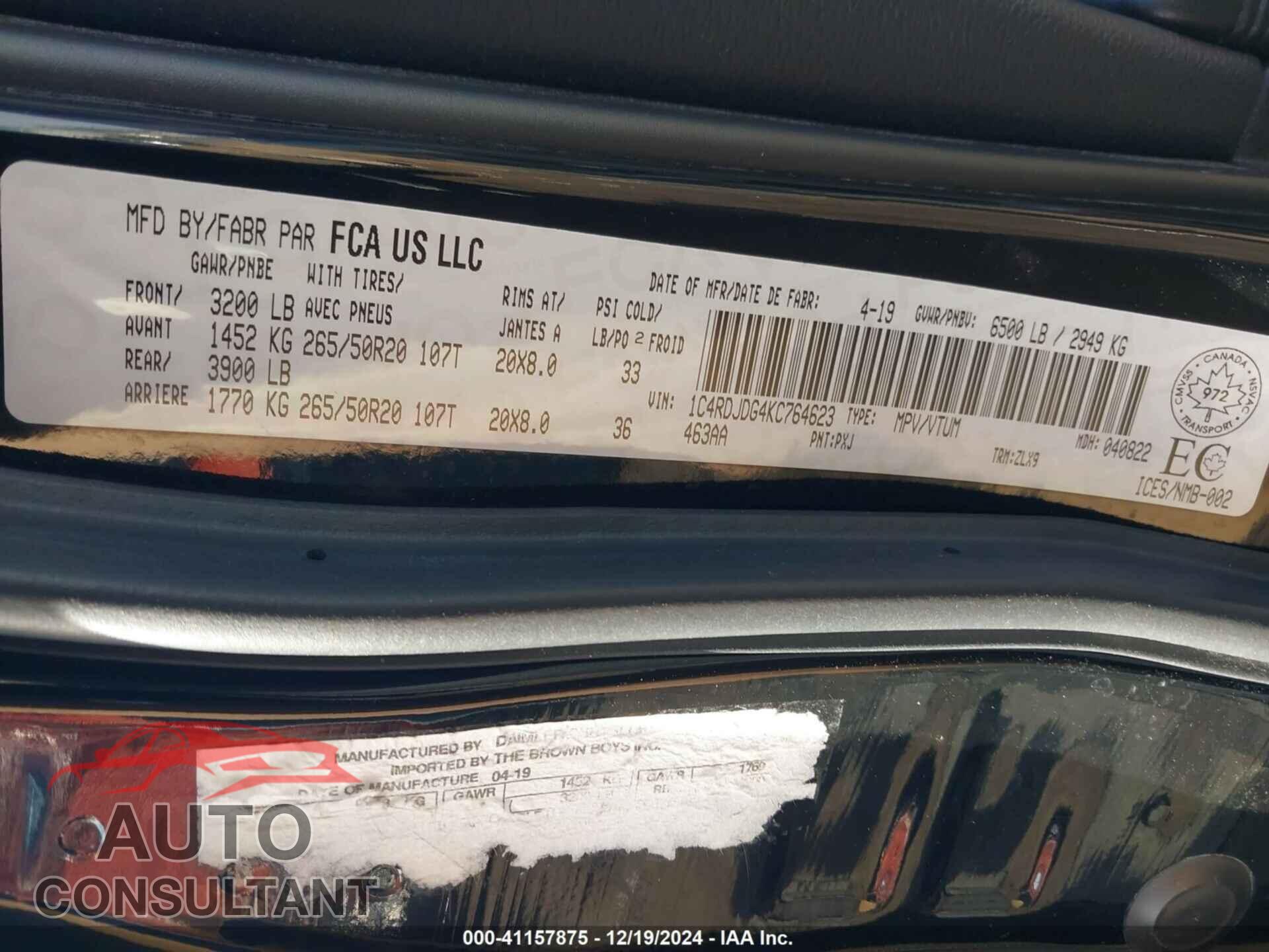 DODGE DURANGO 2019 - 1C4RDJDG4KC764623